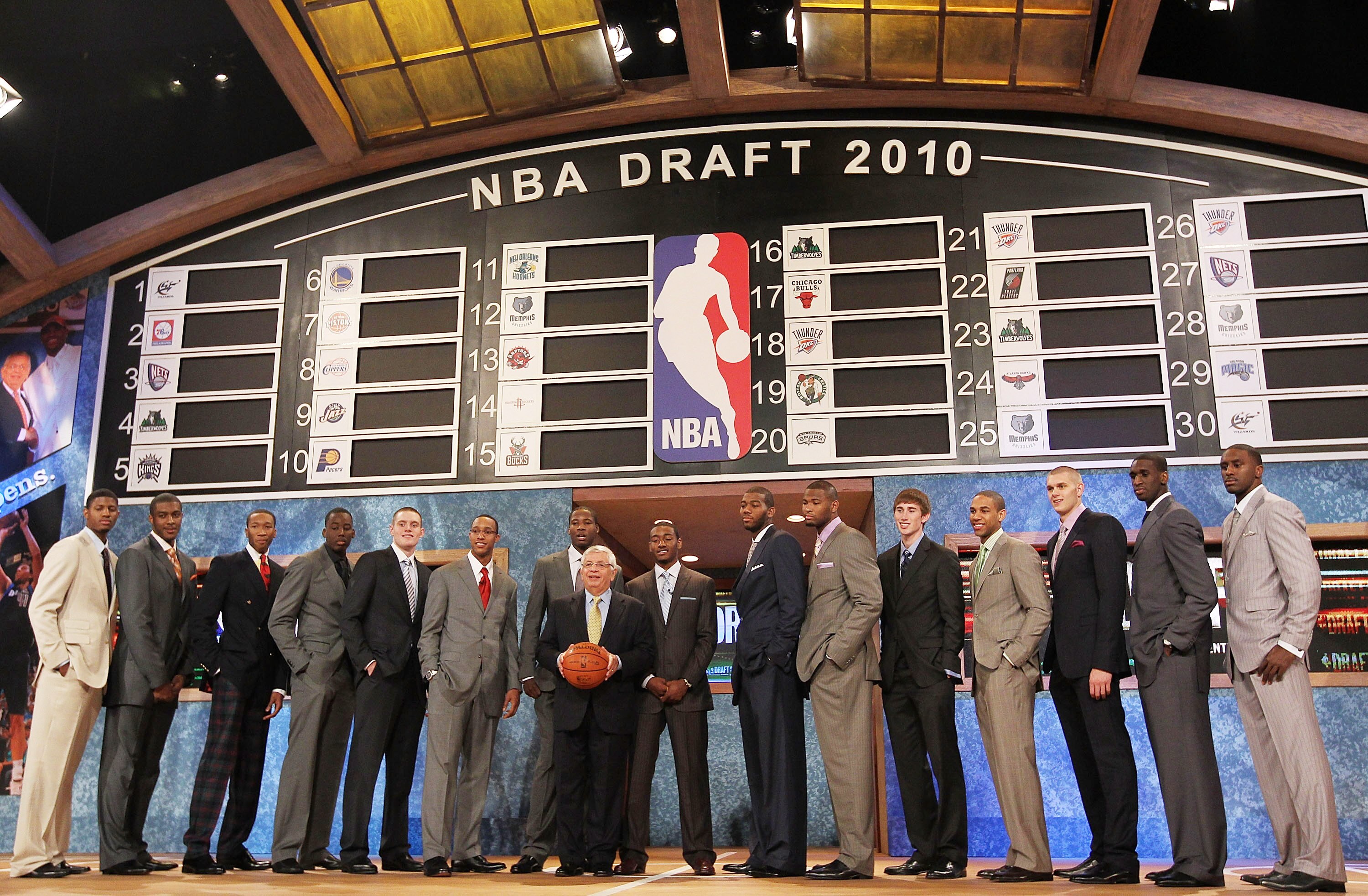 NEW YORK - JUNE 24:  NBA Draft prospects stand with NBA Commisioner David Stern prior to the NBA Draft at Madison Square Garden on June 24, 2010 in New York City. NOTE TO USER: User expressly acknowledges and agrees that, by downloading and or using this 