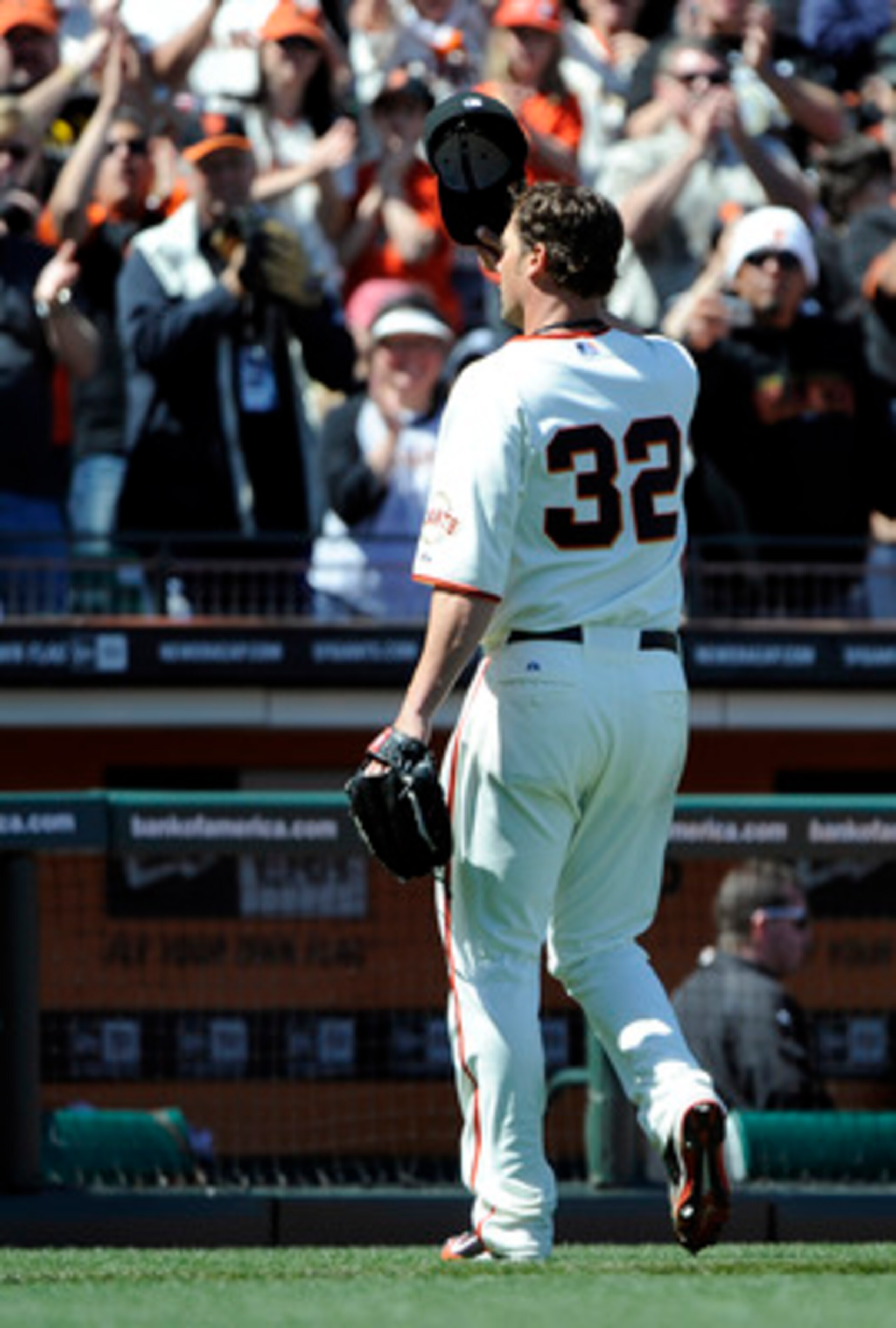 SAN FRANCISCO, CA - MAY 8: Ryan Vogelsong #32 of the San Francisco Giants tips his hat to the crowd after coming out of the game in the top of the seventh inning against Colorado Rockies at AT&T Park May 8, 2011 in San Francisco, California. The Giants wo