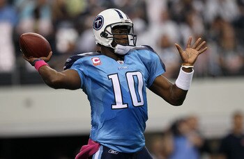 ARLINGTON, TX - OCTOBER 10:  Quarteback Vince Young #10 of the Tennessee Titans throws a pass against the Dallas Cowboys at Cowboys Stadium on October 10, 2010 in Arlington, Texas.  (Photo by Stephen Dunn/Getty Images)