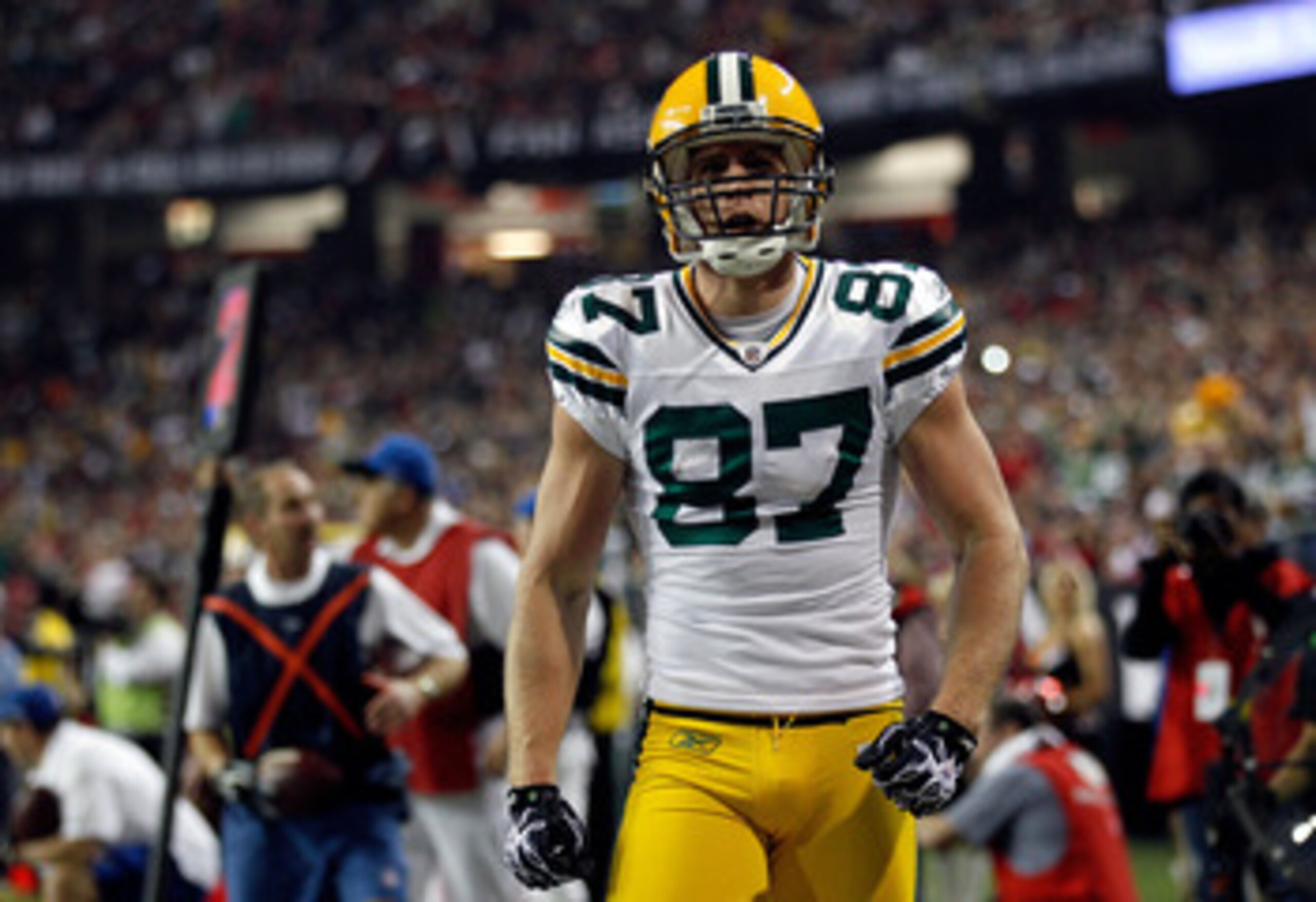 ATLANTA, GA - JANUARY 15:  Jordy Nelson #87 of the Green Bay Packers reacts after he scored a 6-yard touchdown reception in the second quarter against the Atlanta Falcons during their 2011 NFC divisional playoff game at Georgia Dome on January 15, 2011 in