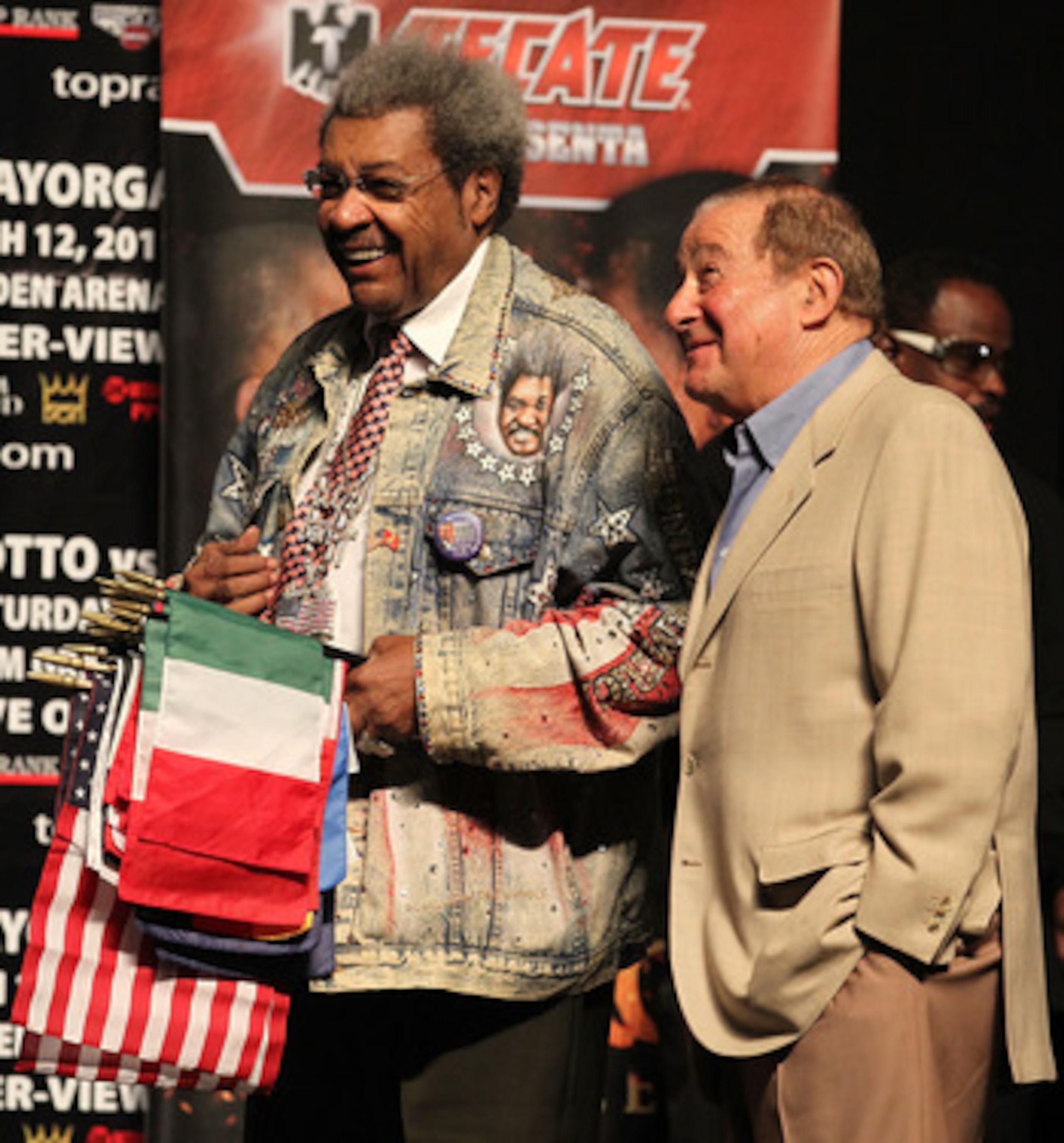 LAS VEGAS - MARCH 11:  Promoters Bob Arum (R) and Don King stand next to each other prior to the weigh in for the  Miguel Cotto vs Ricardo Mayorga WBA Super Welterweight title fight at the MGM Grand Garden Arena on March 11, 2011 in Las Vegas, Nevada.  (P