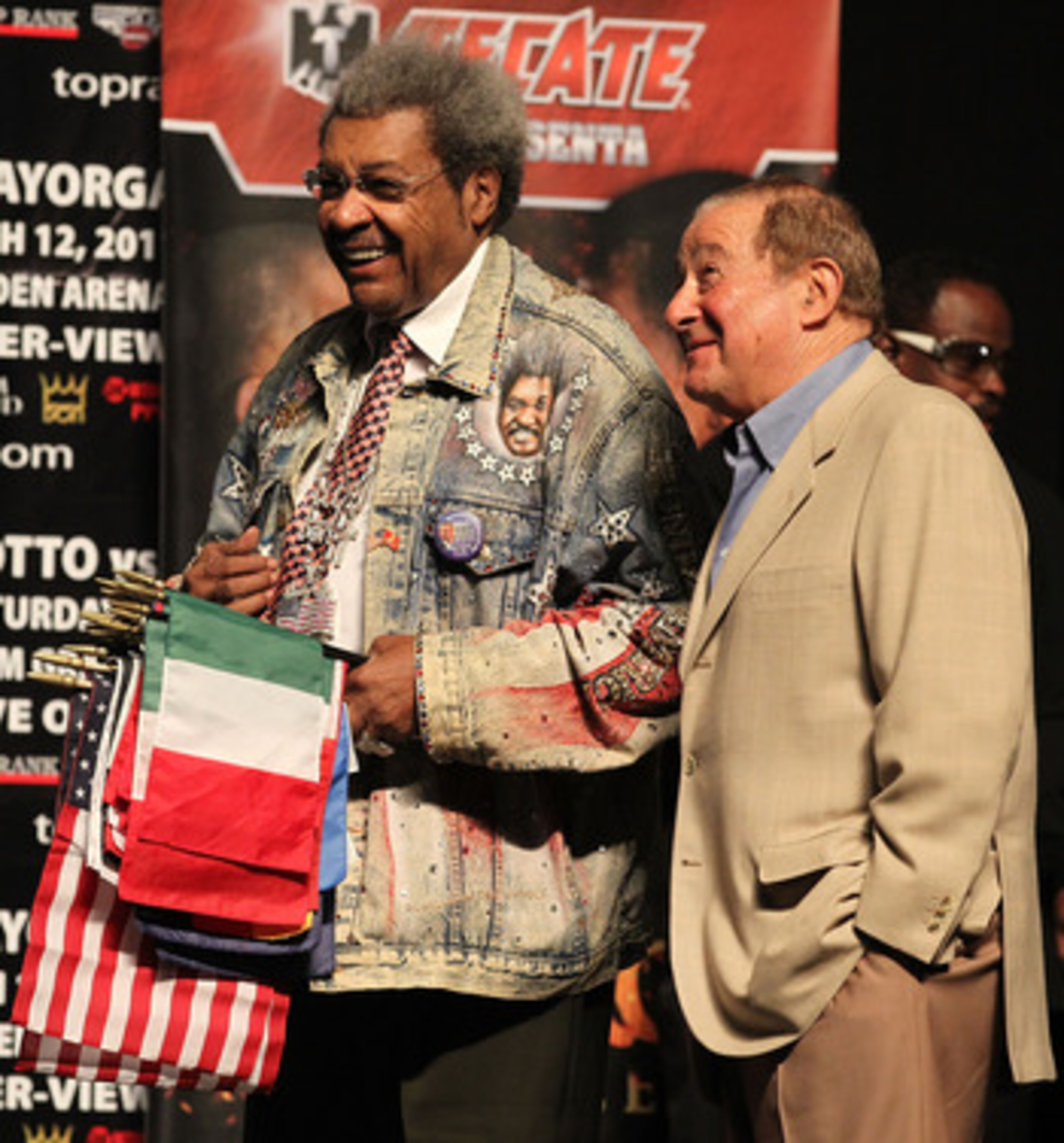 LAS VEGAS - MARCH 11:  Promoters Bob Arum (R) and Don King stand next to each other prior to the weigh in for the  Miguel Cotto vs Ricardo Mayorga WBA Super Welterweight title fight at the MGM Grand Garden Arena on March 11, 2011 in Las Vegas, Nevada.  (P