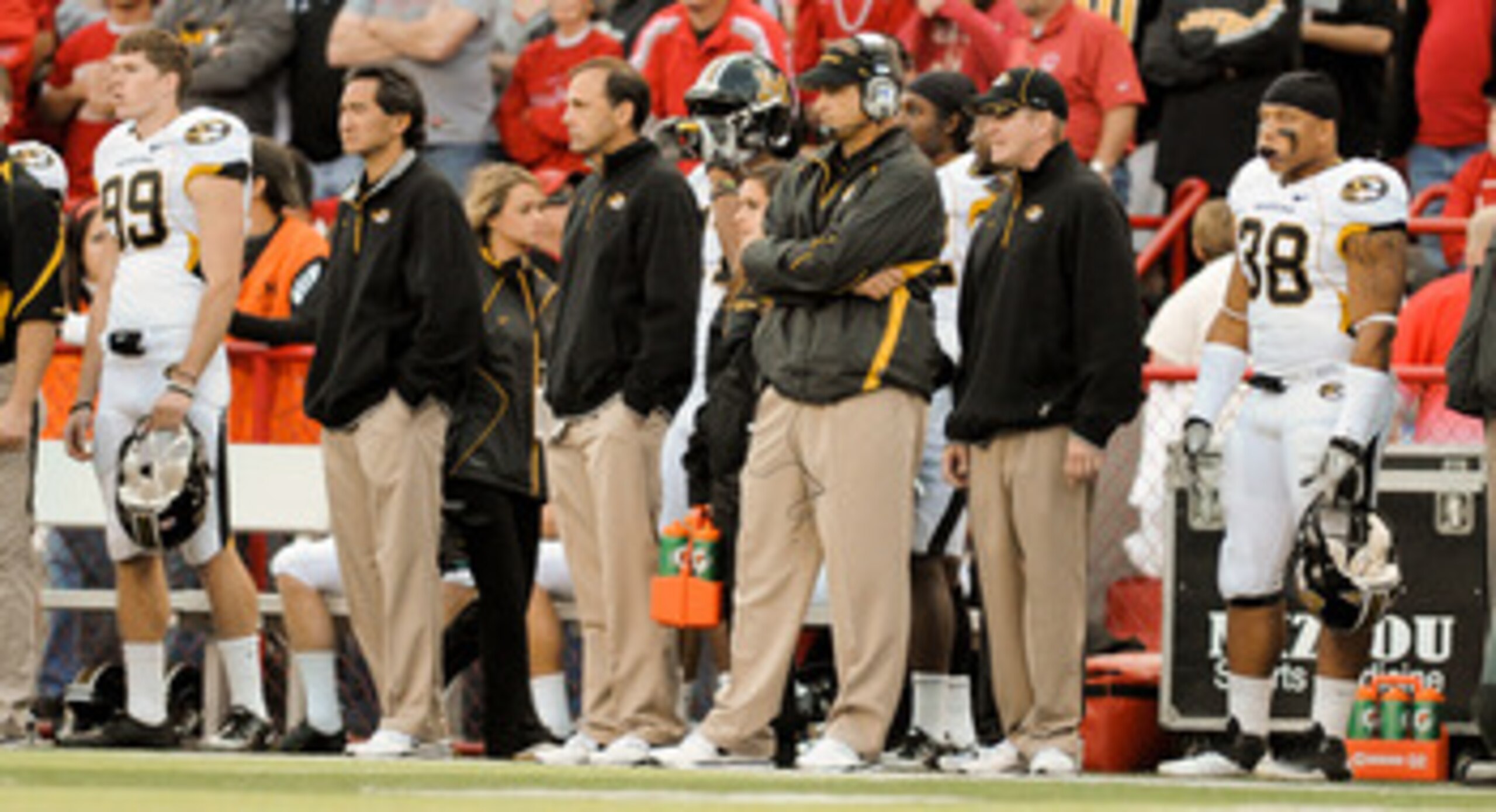 LINCOLN, NE - OCTOBER 30: Coach Gary Pinkel of the Missouri Tigers (with headset) stands with his staff during second half action of their game at Memorial Stadium on October 30, 2010 in Lincoln, Nebraska. Nebraska Defeated Missouri 31-17. (Photo by Eric 