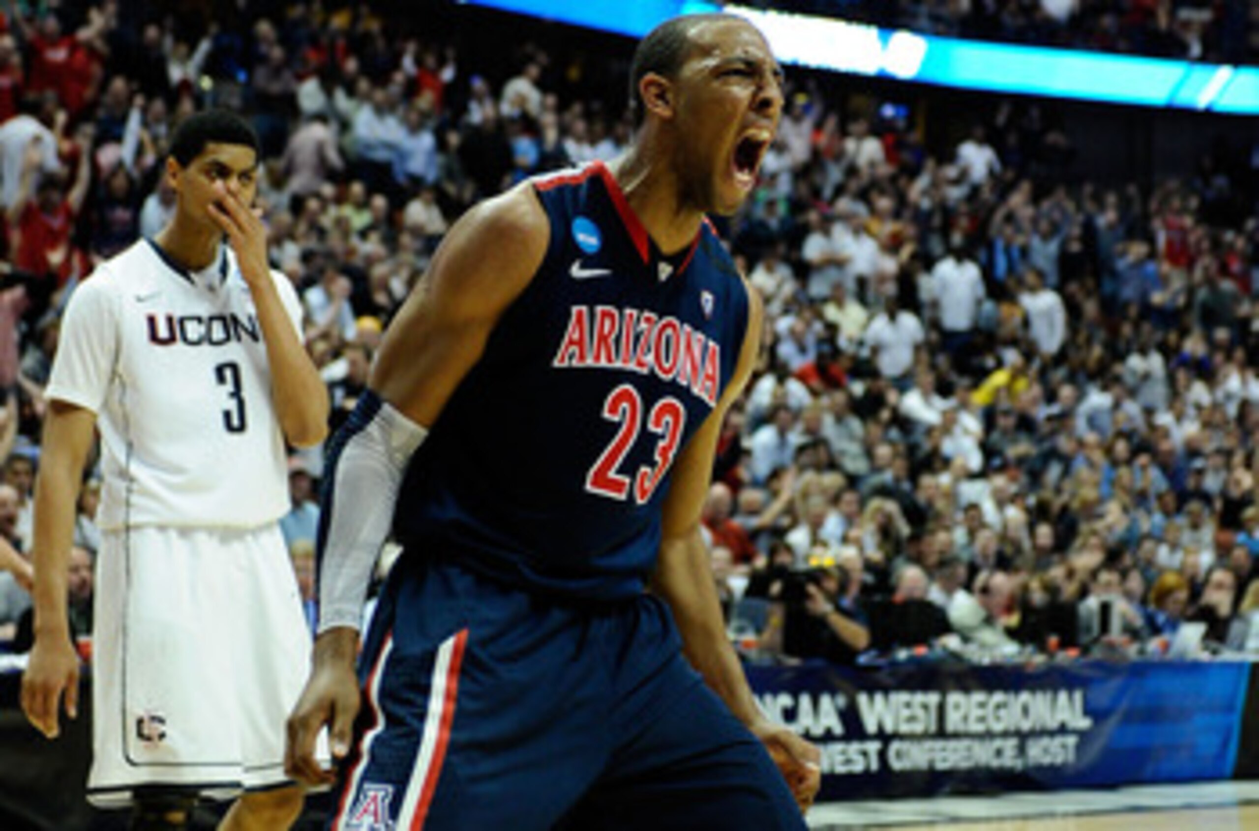 ANAHEIM, CA - MARCH 26:  Derrick Williams #23 of the Arizona Wildcats reacts after a dunk against of the Connecticut Huskies during the west regional final of the 2011 NCAA men's basketball tournament at the Honda Center on March 26, 2011 in Anaheim, Cali