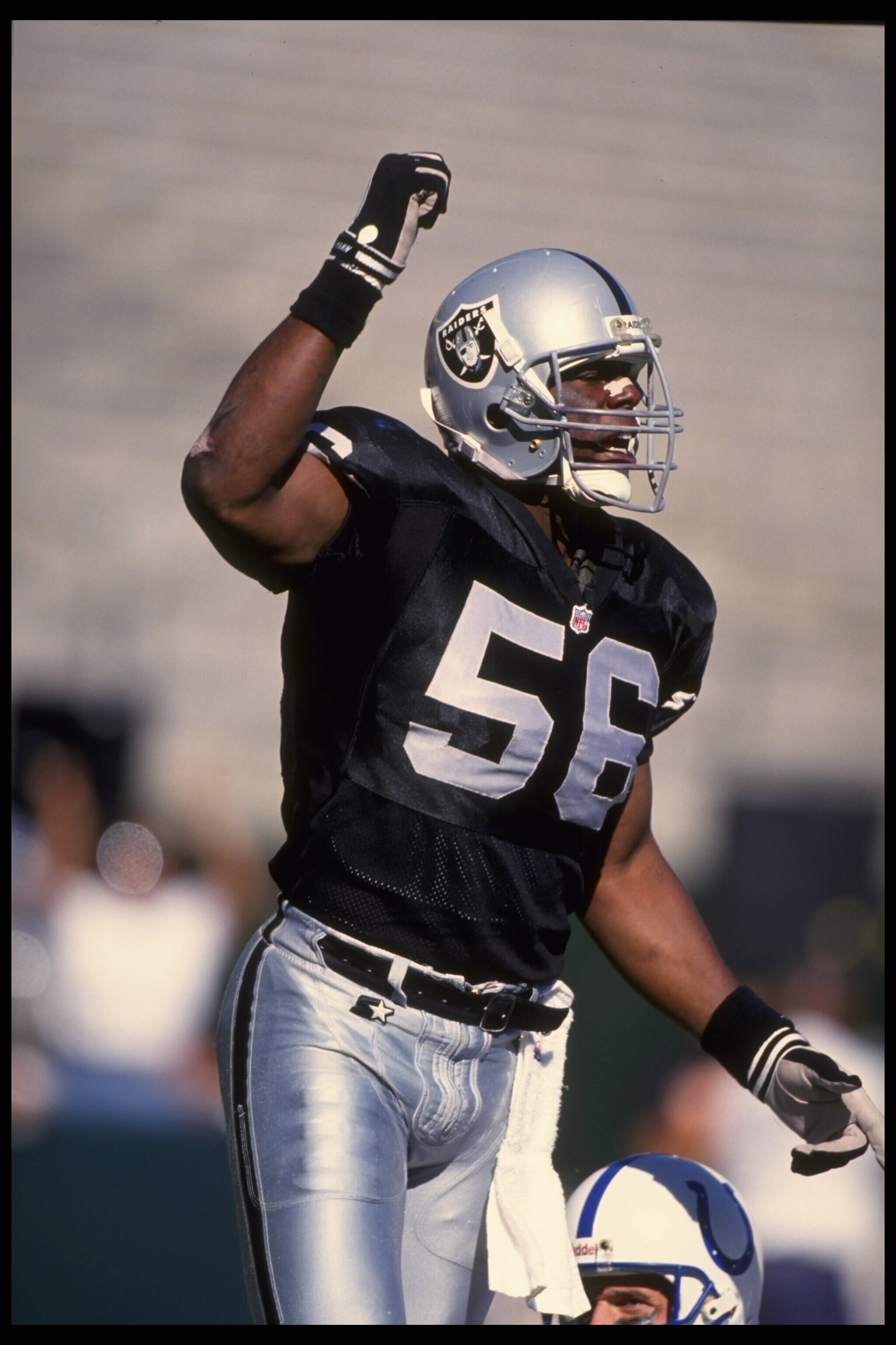 22 Oct 1995:  Linebacker Pat Swilling of the Los Angeles Raiders celebrates during the Raiders 30-17 win over the Indianapolis Colts at the Oakland Coliseum in Oakland, California.  Mandatory Credit:  Jed Jacobsohn/Allsport