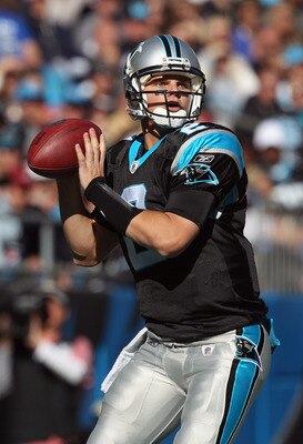 CHARLOTTE, NC - NOVEMBER 07:  Jimmy Clausen #2 of the Carolina Panthers against the New Orleans Saints during their game at Bank of America Stadium on November 7, 2010 in Charlotte, North Carolina.  (Photo by Streeter Lecka/Getty Images)