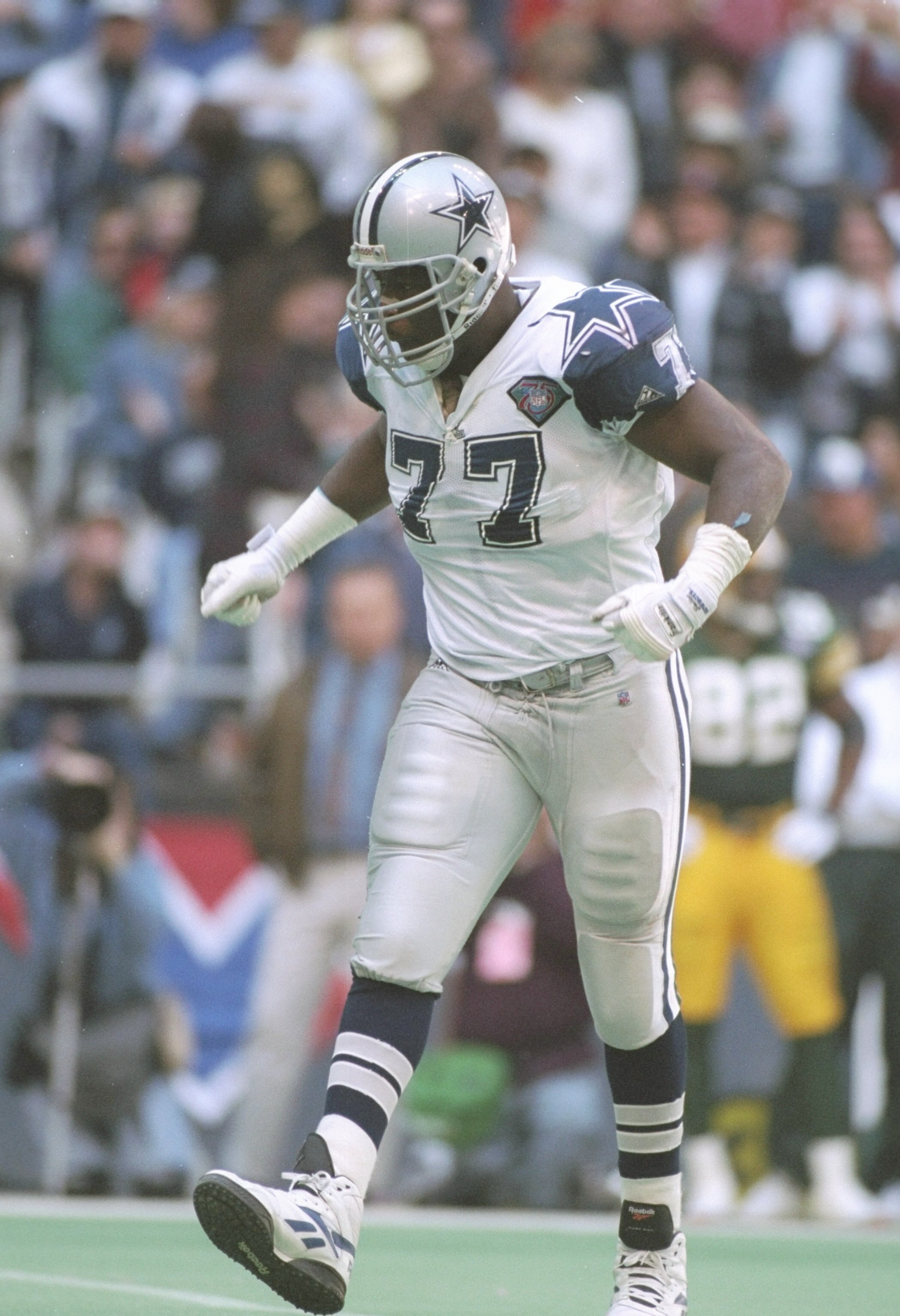 8 Jan 1995:  Defensive lineman Jim Jeffcoat of the Dallas Cowboys looks on during a playoff game against the Green Bay Packers at Texas Stadium in Irving, Texas.  The Cowboys won the game, 35-9. Mandatory Credit: Jonathan Daniel  /Allsport