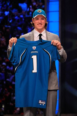 NEW YORK, NY - APRIL 28:  Blaine Gabbert, #11 overall pick by the Jacksonville Jaguars, holds up a jersey during the 2011 NFL Draft at Radio City Music Hall on April 28, 2011 in New York City.  (Photo by Chris Trotman/Getty Images)