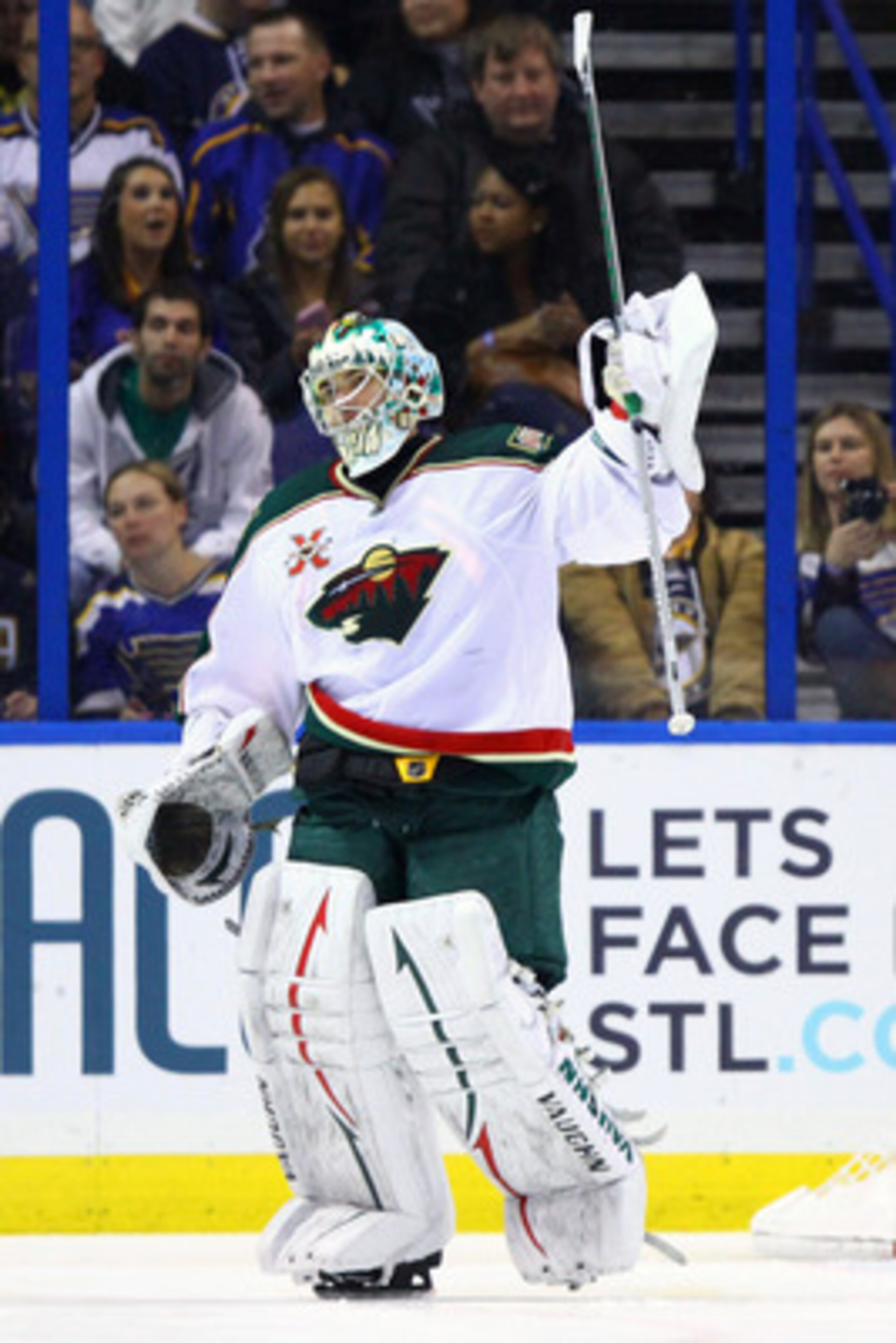ST. LOUIS, MO - MARCH 29: Jose Theodore #60 of the Minnesota Wild celebrates a victory over the St. Louis Blues at the Scottrade Center on March 29, 2011 in St. Louis, Missouri.  The Wild beat the Blues 3-2 in a shoot out.  (Photo by Dilip Vishwanat/Getty