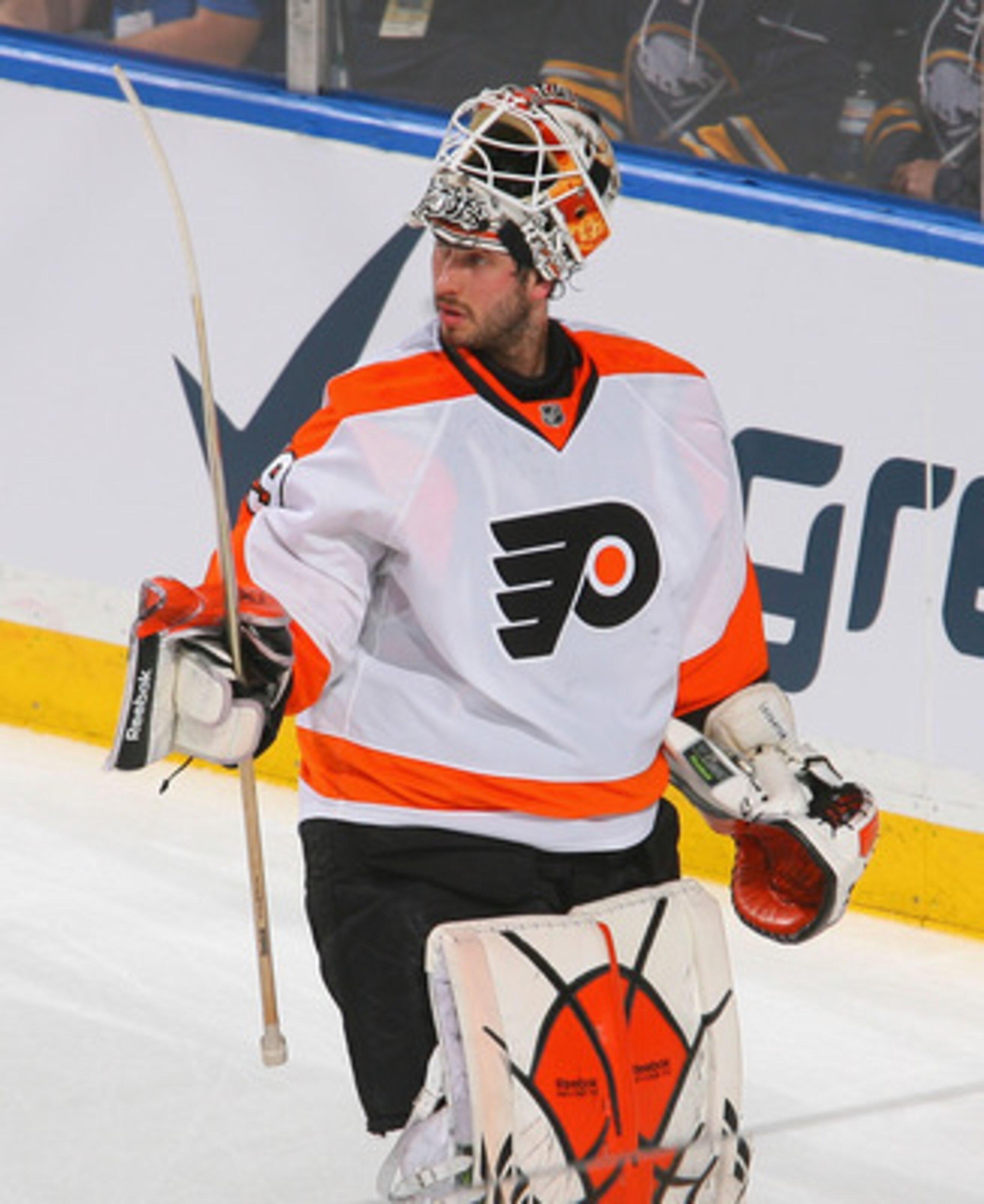 BUFFALO, NY - APRIL 24: Michael Leighton #49 of the Philadelphia Flyers skates during a timeout in the first period against the Buffalo Sabres  in Game Six of the Eastern Conference Quarterfinals during the 2011 NHL Stanley Cup Playoffs at HSBC Arena at H