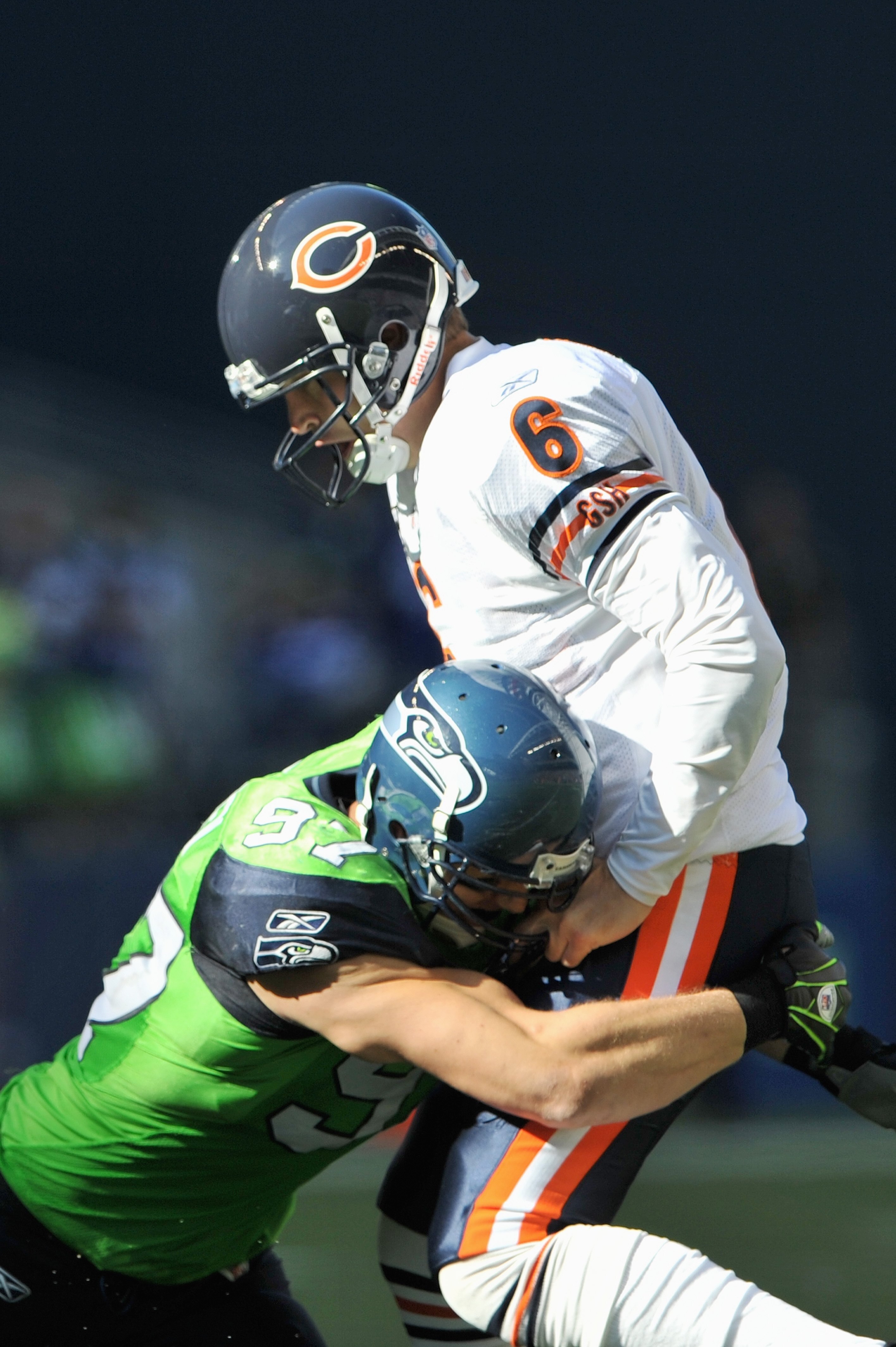 SEATTLE - SEPTEMBER 27: Quarterback  Jay Cutler 36 of the Chicago Bears is sacked by Patrick Kerney #97 of the Seattle Seahawks on September 27, 2009 at Qwest Field in Seattle, Washington. The Bears defeated the Seahawks 25-19.  (Photo by Otto Greule Jr/G