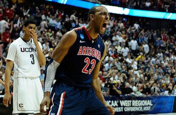 ANAHEIM, CA - MARCH 26:  Derrick Williams #23 of the Arizona Wildcats reacts after a dunk against of the Connecticut Huskies during the west regional final of the 2011 NCAA men's basketball tournament at the Honda Center on March 26, 2011 in Anaheim, Cali