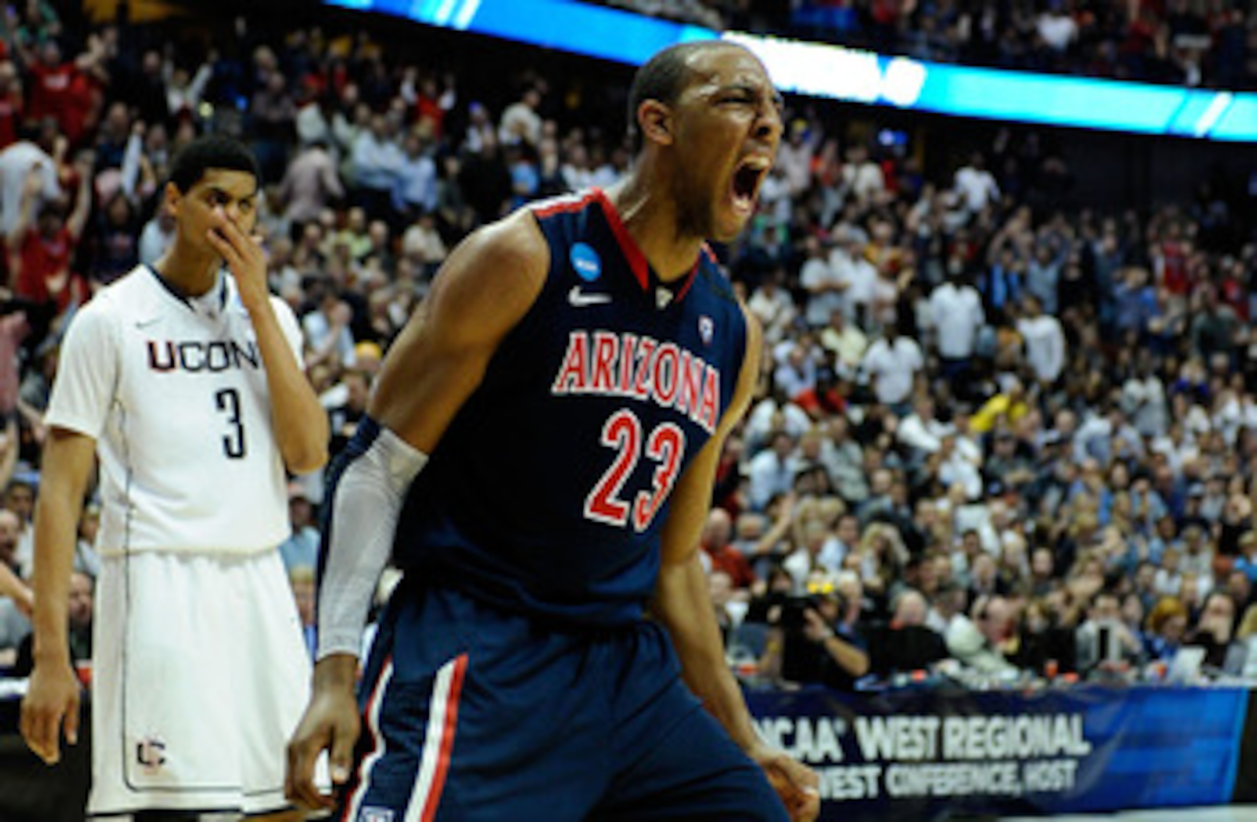 ANAHEIM, CA - MARCH 26:  Derrick Williams #23 of the Arizona Wildcats reacts after a dunk against of the Connecticut Huskies during the west regional final of the 2011 NCAA men's basketball tournament at the Honda Center on March 26, 2011 in Anaheim, Cali