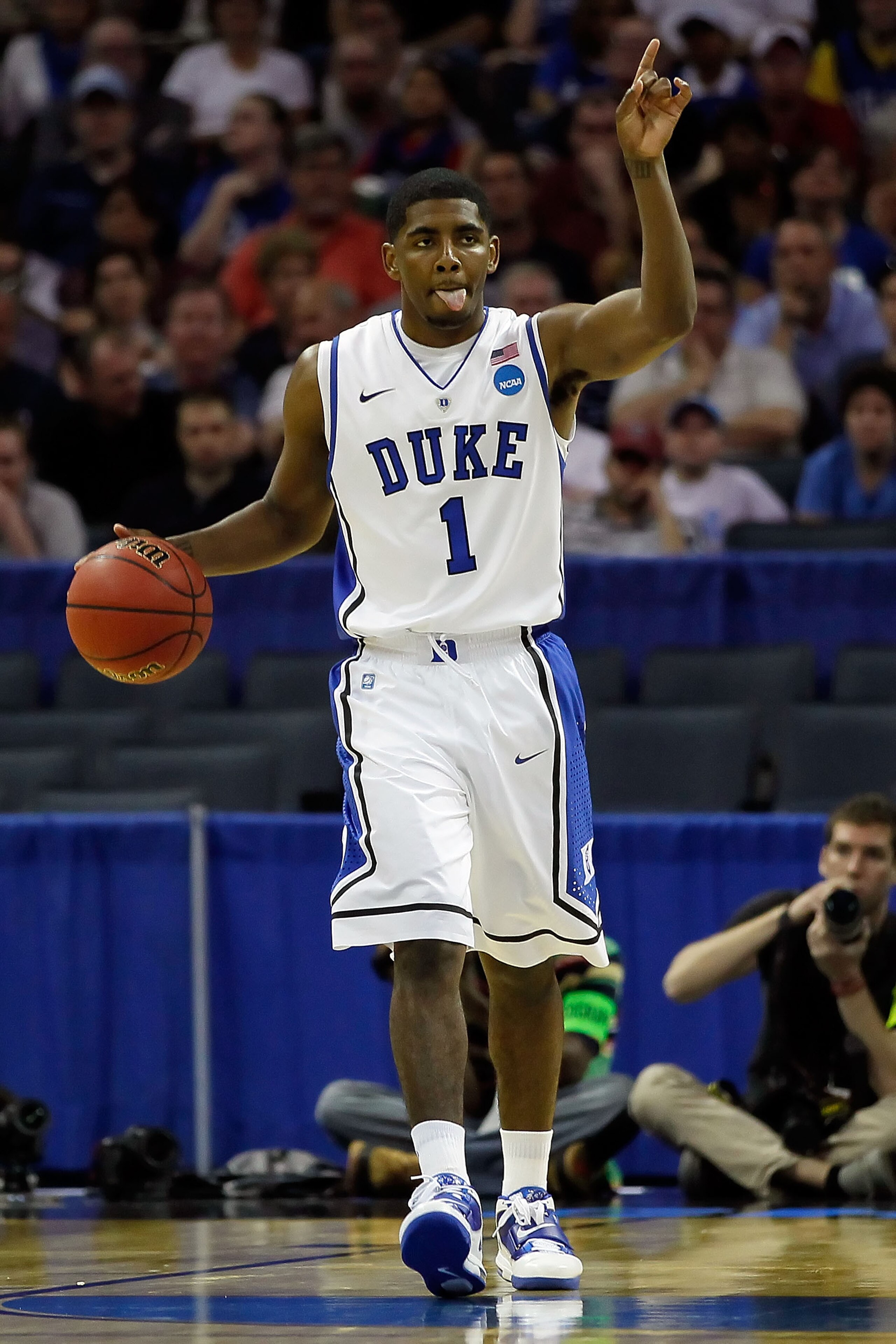 CHARLOTTE, NC - MARCH 18: Kyrie Irving #1 of the Duke Blue Devils calls a play in the first half while taking on the Hampton Pirates during the second round of the 2011 NCAA men's basketball tournament at Time Warner Cable Arena on March 18, 2011 in Char CHARLOTTE, NC - MARCH 18: Kyrie Irving #1 of the Duke Blue Devils calls a play in the first half while taking on the Hampton Pirates during the second round of the 2011 NCAA men's basketball tournament at Time Warner Cable Arena on March 18, 2011 in Char