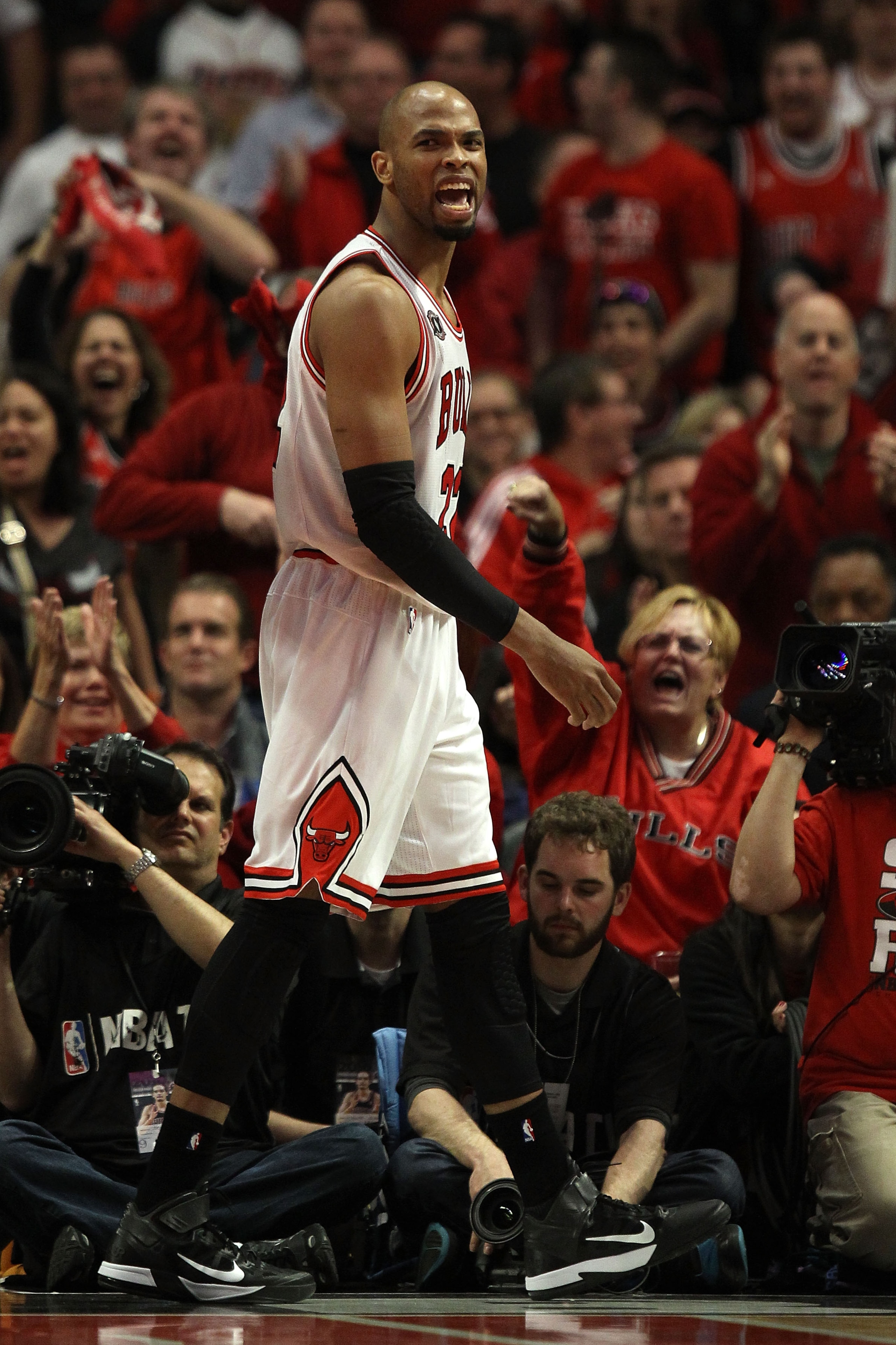 CHICAGO, IL - MAY 15:  Taj Gibson #22 of the Chicago Bulls reacts against the Miami Heat in Game One of the Eastern Conference Finals during the 2011 NBA Playoffs on May 15, 2011 at the United Center in Chicago, Illinois. NOTE TO USER: User expressly ackn