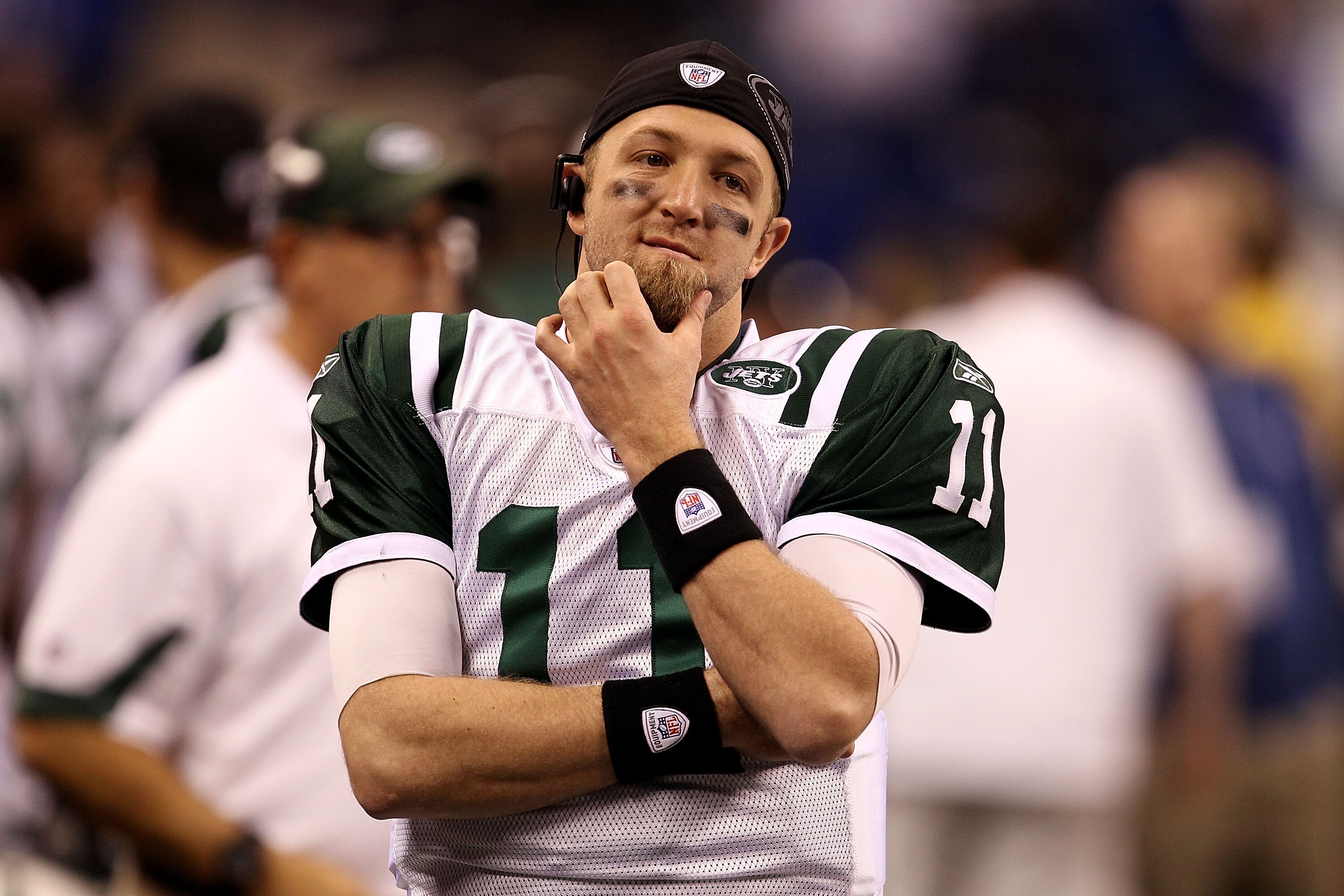 INDIANAPOLIS, IN - JANUARY 08:  Kellen Clemens #11 of the New York Jets looks on against the Indianapolis Colts against the New York Jets during their 2011 AFC wild card playoff game at Lucas Oil Stadium on January 8, 2011 in Indianapolis, Indiana.  (Phot