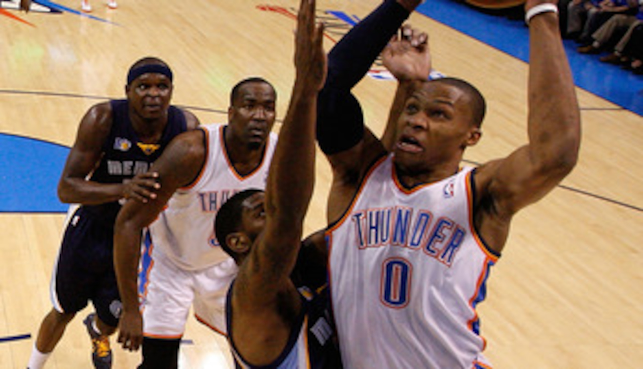 OKLAHOMA CITY, OK - MAY 15: Guard Russell Westbrook #0 of the Oklahoma City Thunder takes a shot against O.J. Mayo #33 of the Memphis Grizzlies in Game Seven of the Western Conference Semifinals in the 2011 NBA Playoffs on May 15, 2011 at Oklahoma City A OKLAHOMA CITY, OK - MAY 15: Guard Russell Westbrook #0 of the Oklahoma City Thunder takes a shot against O.J. Mayo #33 of the Memphis Grizzlies in Game Seven of the Western Conference Semifinals in the 2011 NBA Playoffs on May 15, 2011 at Oklahoma City A