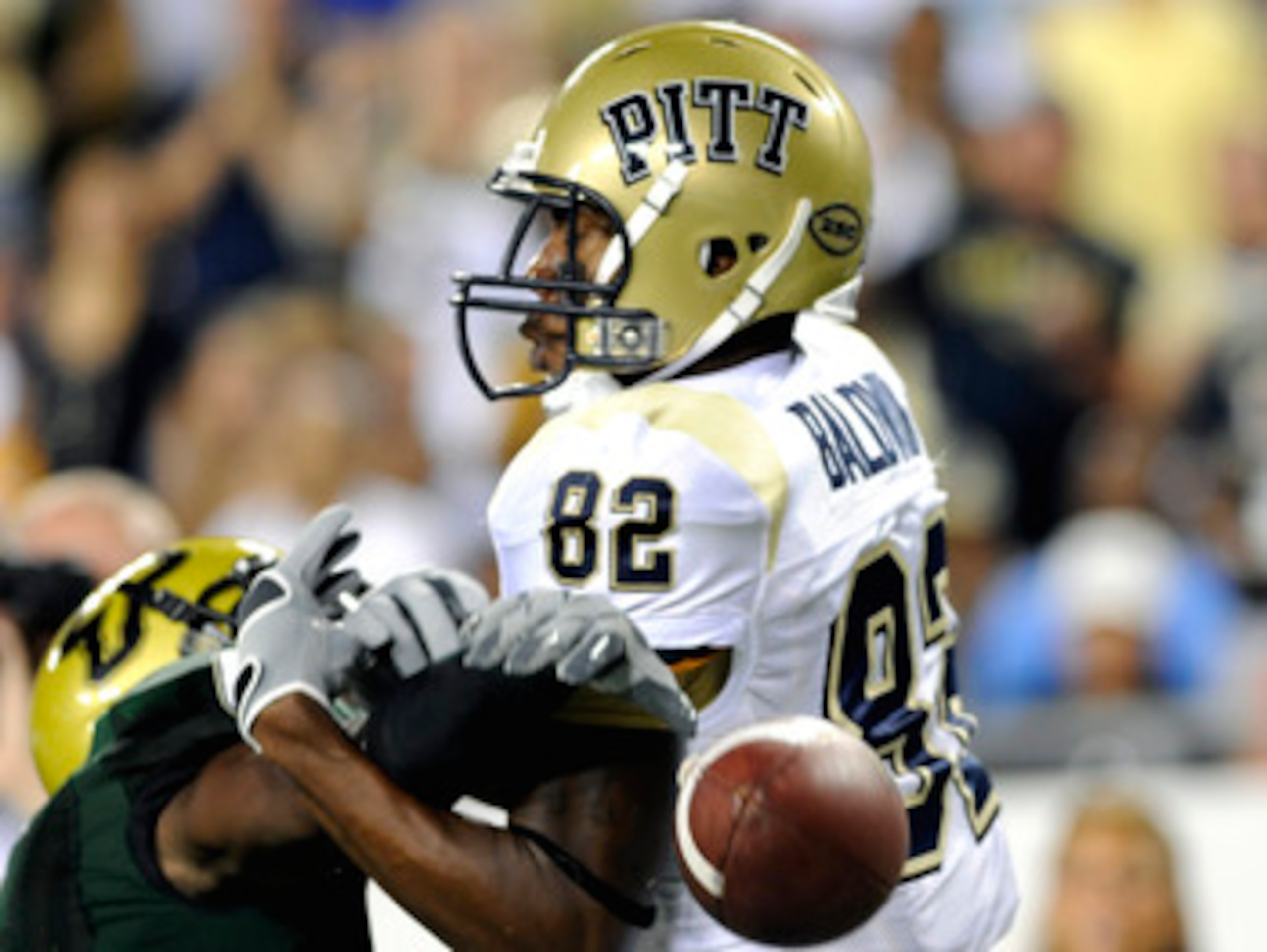 TAMPA, FL - OCTOBER 2:  Wide receiver Jonathan Baldwin #82 of the Pittsburgh Panthers draws a pass interference penalty in the end zone against the University of South Florida Bulls at Raymond James Stadium on October 2, 2008 in Tampa, Florida.  (Photo by