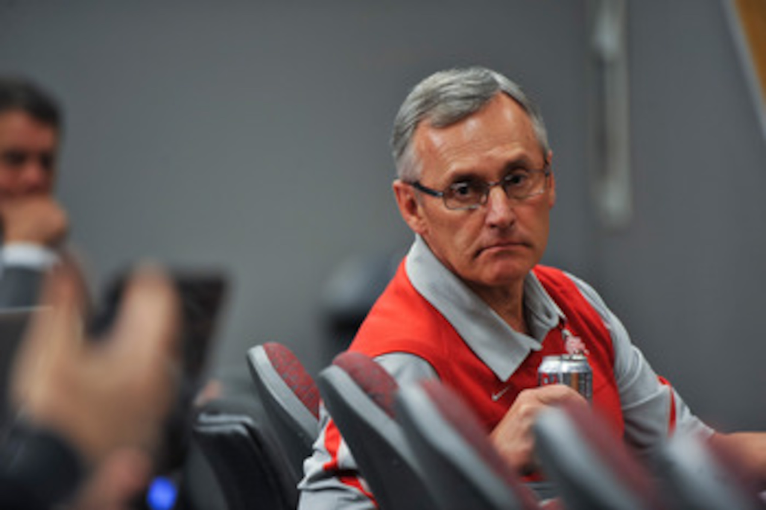 COLUMBUS, OH - MARCH 30:  Head Coach Jim Tressel listens to a member of the media during a press conference before the start of Spring practices at the Woody Hayes Athletic Center at The Ohio State University on March 30, 2011 in Columbus, Ohio. (Photo by