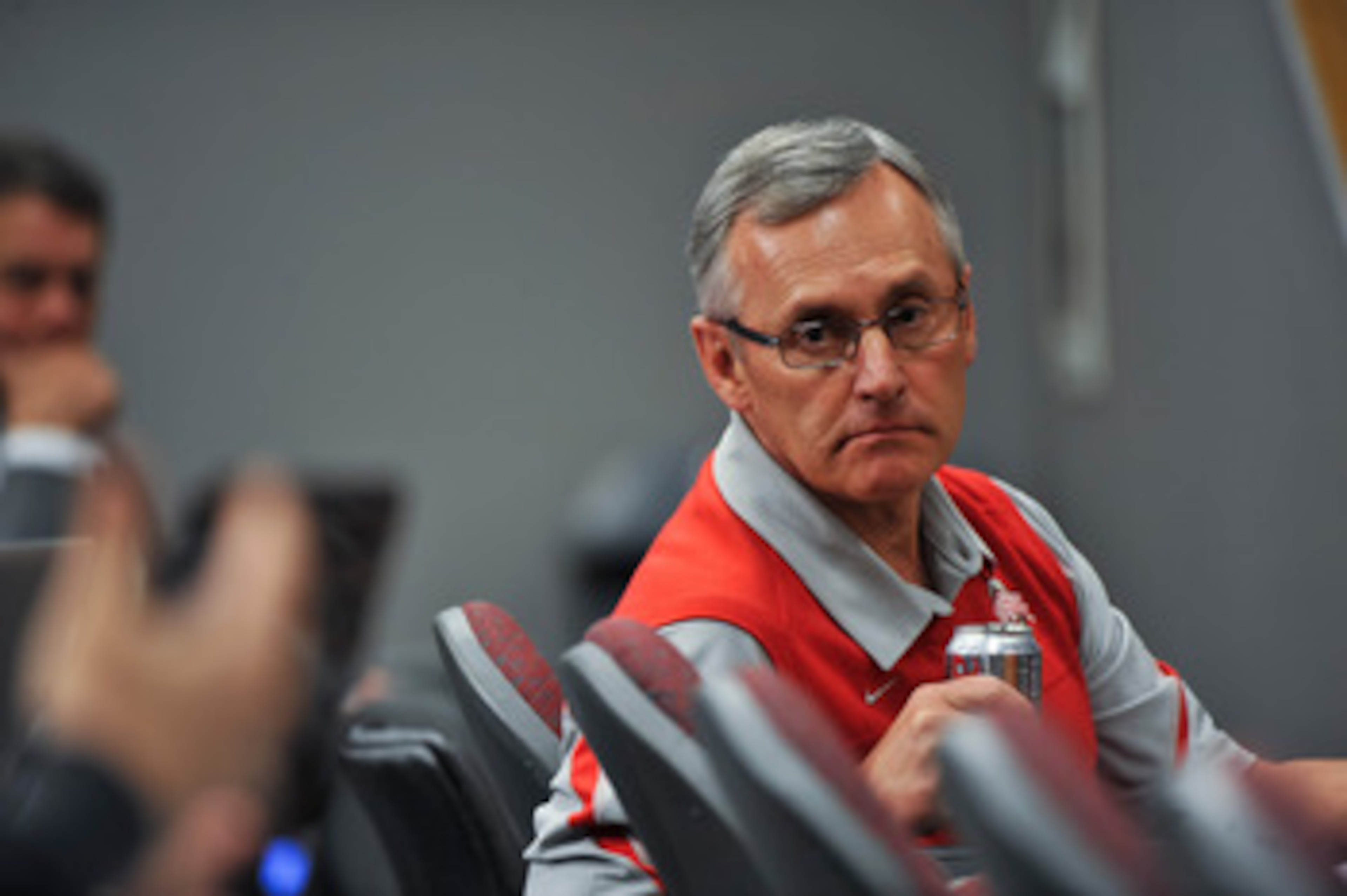 COLUMBUS, OH - MARCH 30:  Head Coach Jim Tressel listens to a member of the media during a press conference before the start of Spring practices at the Woody Hayes Athletic Center at The Ohio State University on March 30, 2011 in Columbus, Ohio. (Photo by