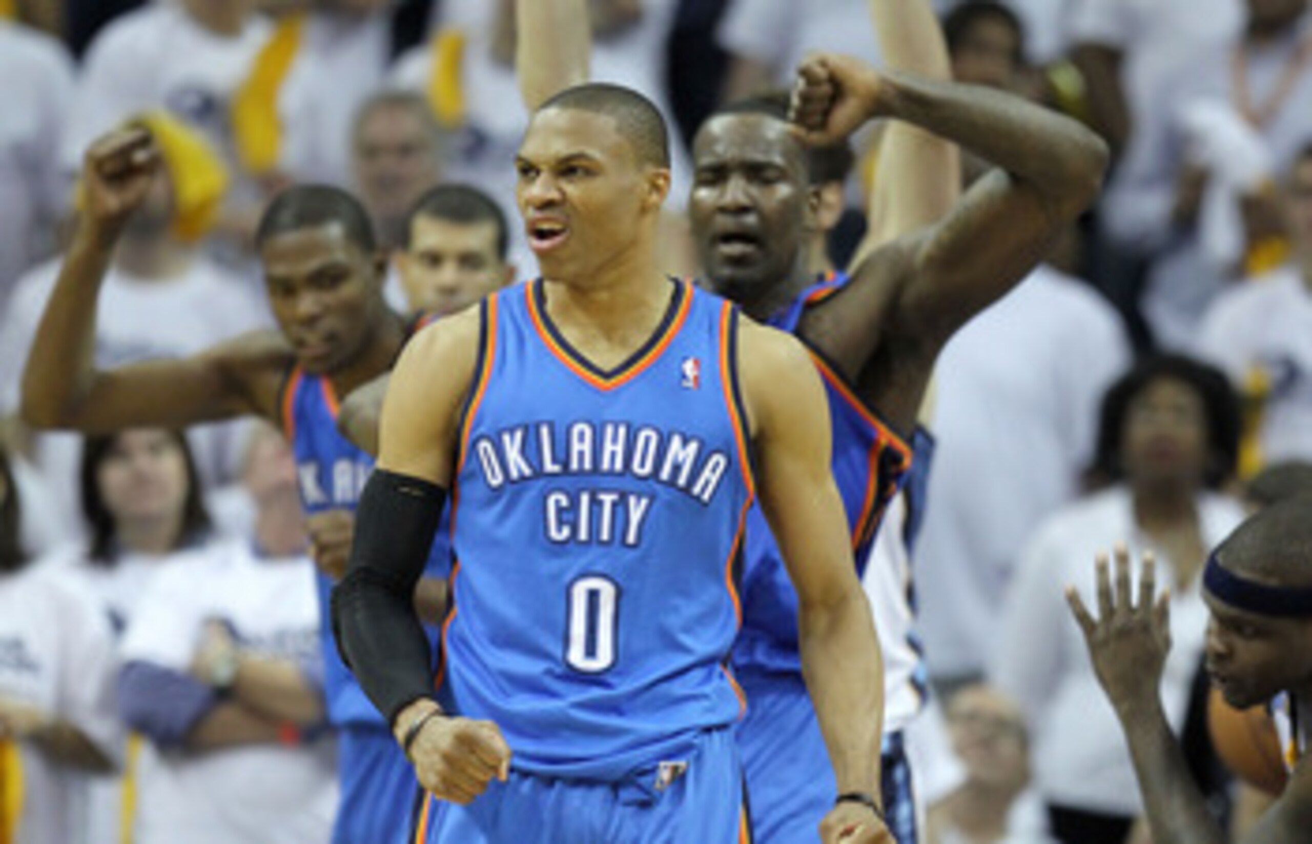 MEMPHIS, TN - MAY 09:  Russell Westbrook #0 of the Oklahoma City Thunder celebrates during the game against the Memphis Grizzlies in Game Four of the Western Conference Semifinals in the 2011 NBA Playoffs at FedExForum on May 9, 2011 in Memphis, Tennessee