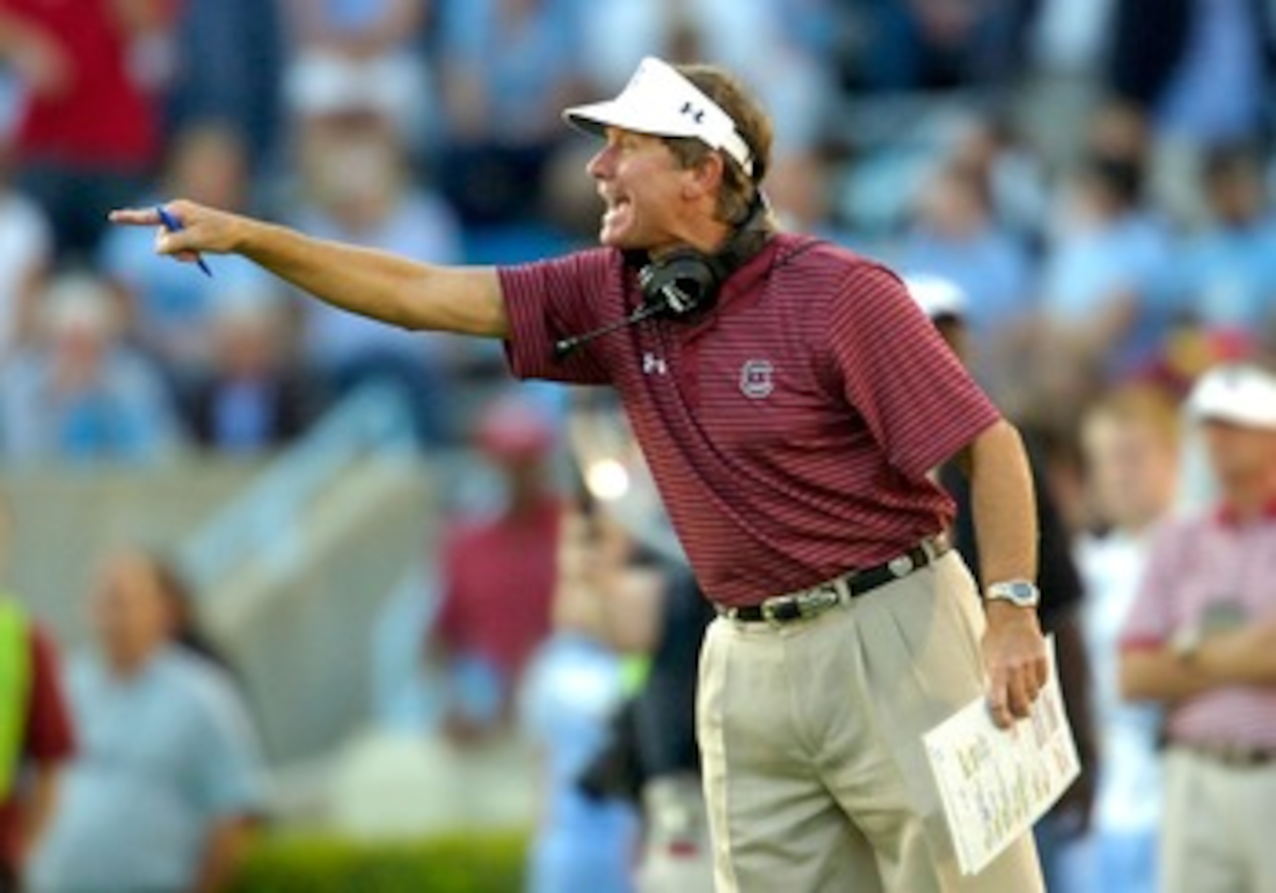 CHAPEL HILL, NC - OCTOBER 13:  Coach Steve Spurrier of the South Carolina Gamecocks calls instructions against the North Carolina Tar Heels at Kenan Stadium October 13, 2007 in Chapel Hill, North Carolina. South Carolina won 21-15.  (Photo by Grant Halver