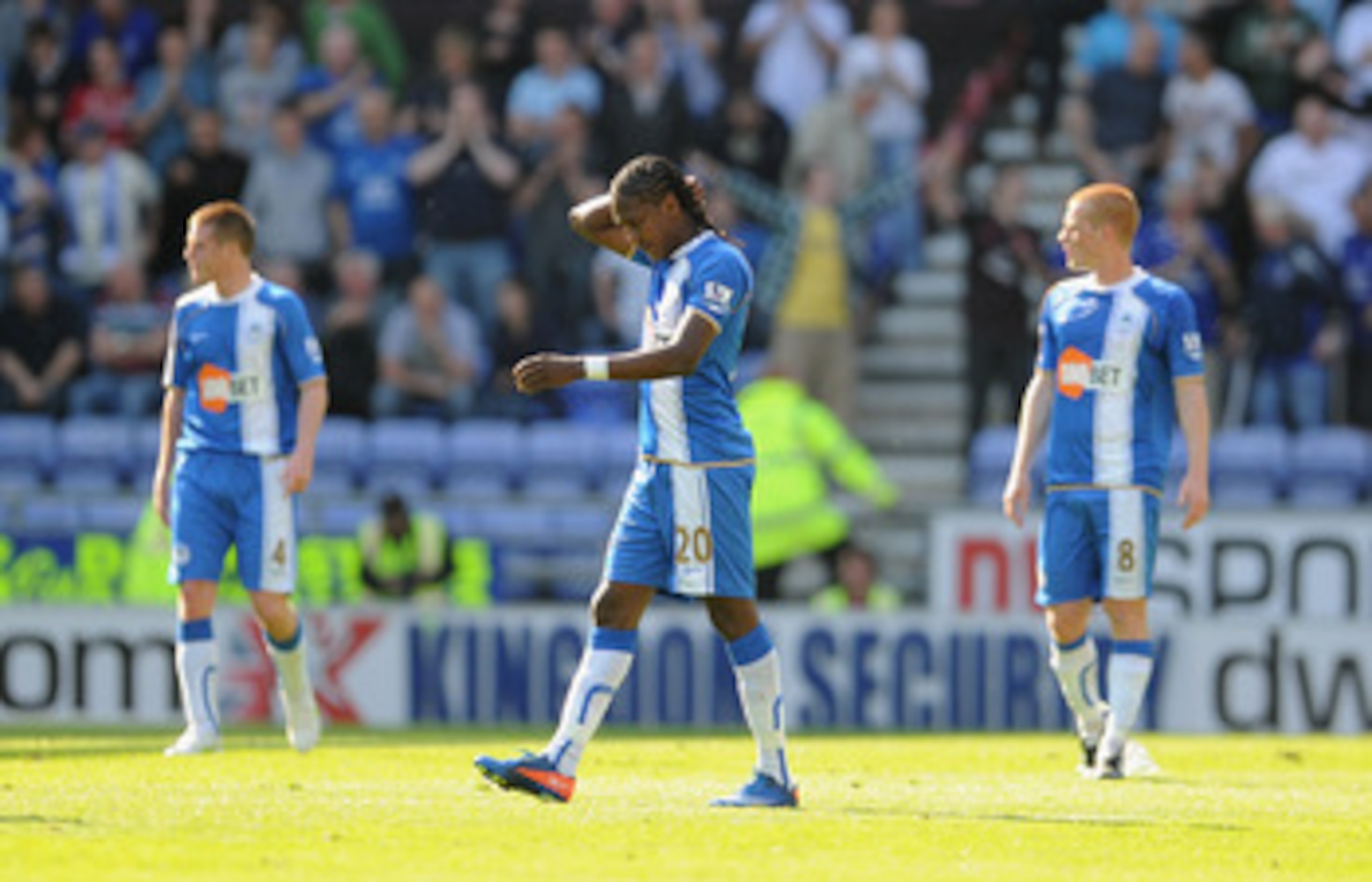 WIGAN, ENGLAND - APRIL 30: Hugo Rodallega of Wigan looks dejected after Everton's first goal during the Barclays Premier League match between Wigan and Everton at the DW Stadium on April 30, 2011 in Wigan, England.  (Photo by Michael Regan/Getty Images)