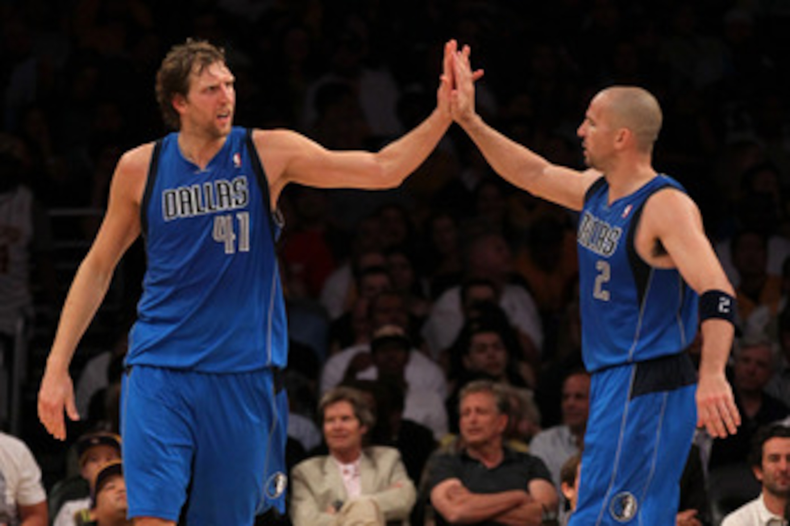 LOS ANGELES, CA - MAY 04: Dirk Nowitzki #41 and Jason Kidd #2 of the Dallas Mavericks celebrate late in the fourth quarter while taking on the Los Angeles Lakers in Game Two of the Western Conference Semifinals in the 2011 NBA Playoffs at Staples Center LOS ANGELES, CA - MAY 04: Dirk Nowitzki #41 and Jason Kidd #2 of the Dallas Mavericks celebrate late in the fourth quarter while taking on the Los Angeles Lakers in Game Two of the Western Conference Semifinals in the 2011 NBA Playoffs at Staples Center