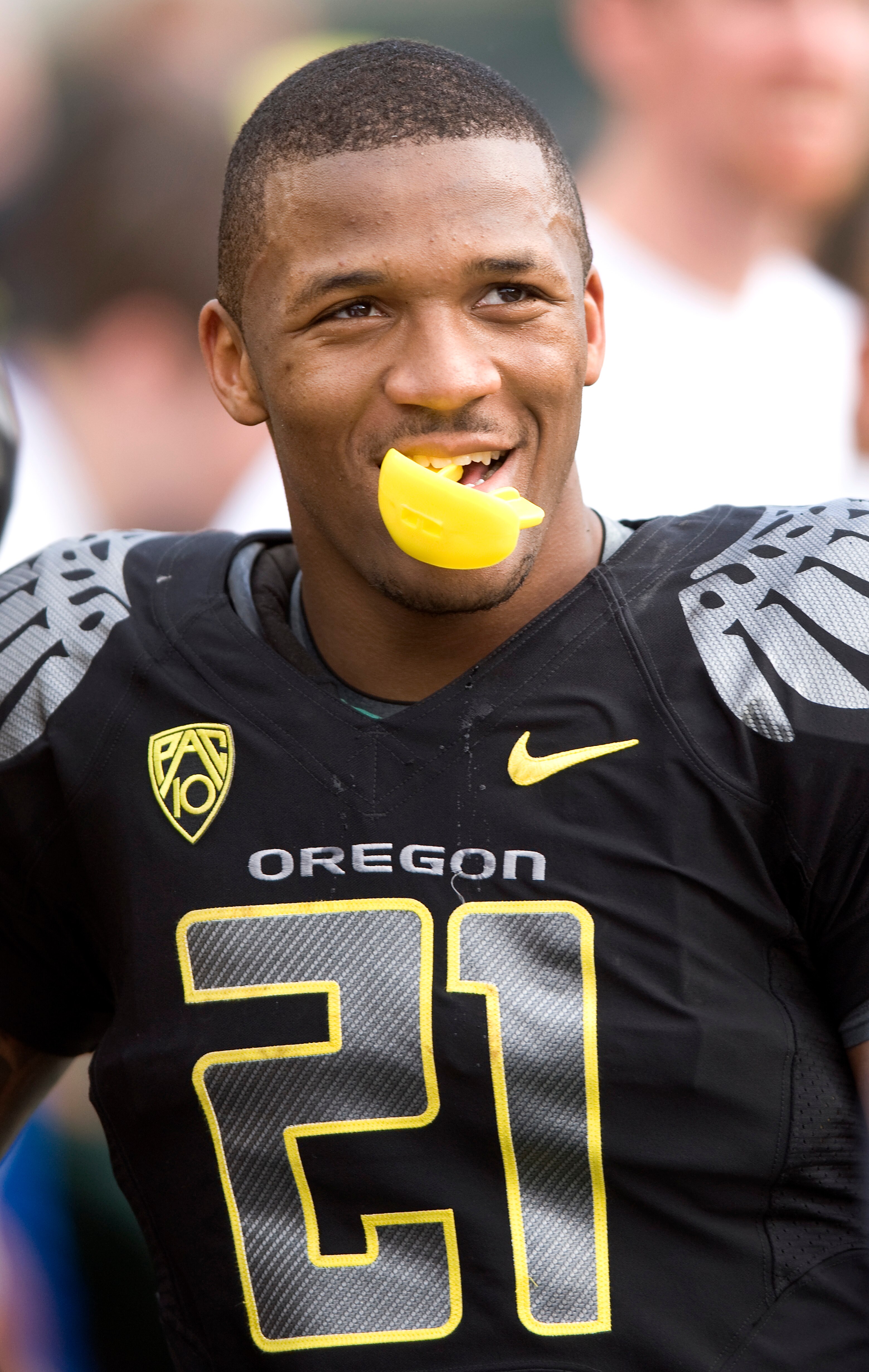 EUGENE, OR - NOVEMBER 6: Running back LaMichael James #21 of the Oregon Ducks smiles as he looks out from the bench in the fourth quarter of the game against the Washington Huskies at Autzen Stadium on November 6, 2010 in Eugene, Oregon. The Ducks won the