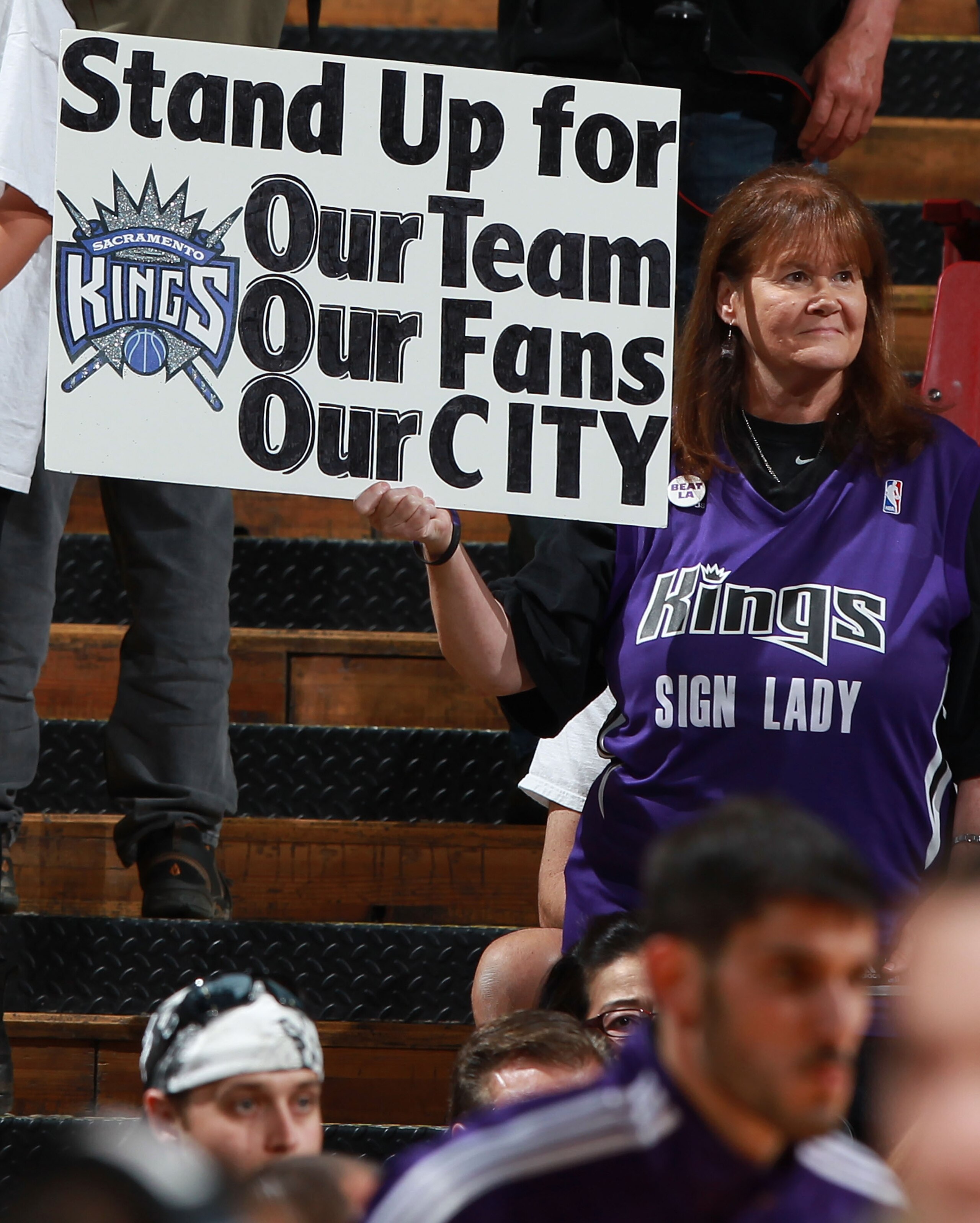 SACRAMENTO, CA - APRIL 13:  A fan of the Sacramento Kings hold up a sign against the Los Angeles Lakers on April 13, 2011 at Power Balence Pavilion in Sacramento, California.  NOTE TO USER: User expressly acknowledges and agrees that, by downloading and/o