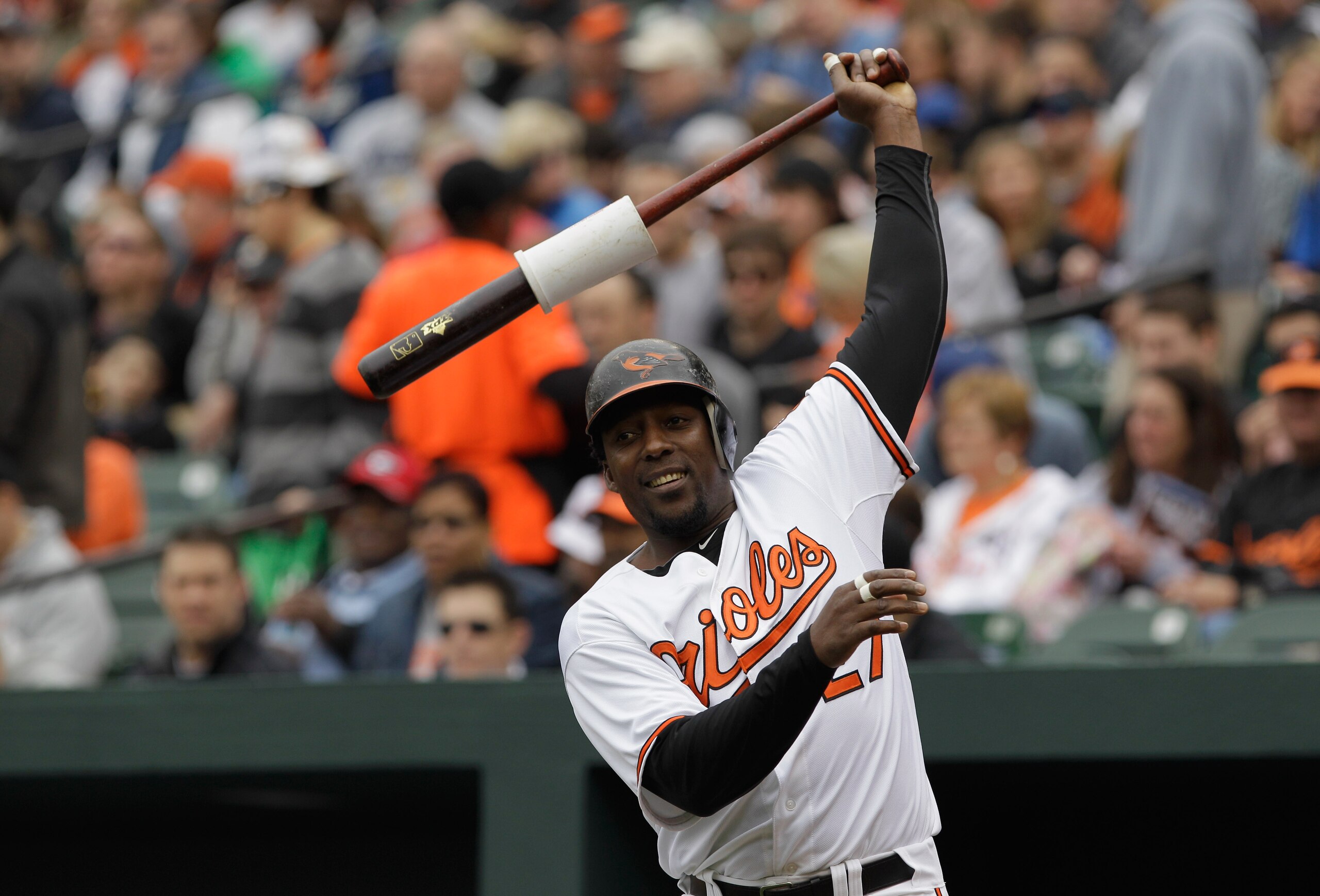 BALTIMORE, MD - APRIL 10:  Vladimir Guerrero #27 of the Baltimore Orioles in the on deck circle against the Texas Rangers at Oriole Park at Camden Yards on April 10, 2011 in Baltimore, Maryland.  (Photo by Rob Carr/Getty Images)