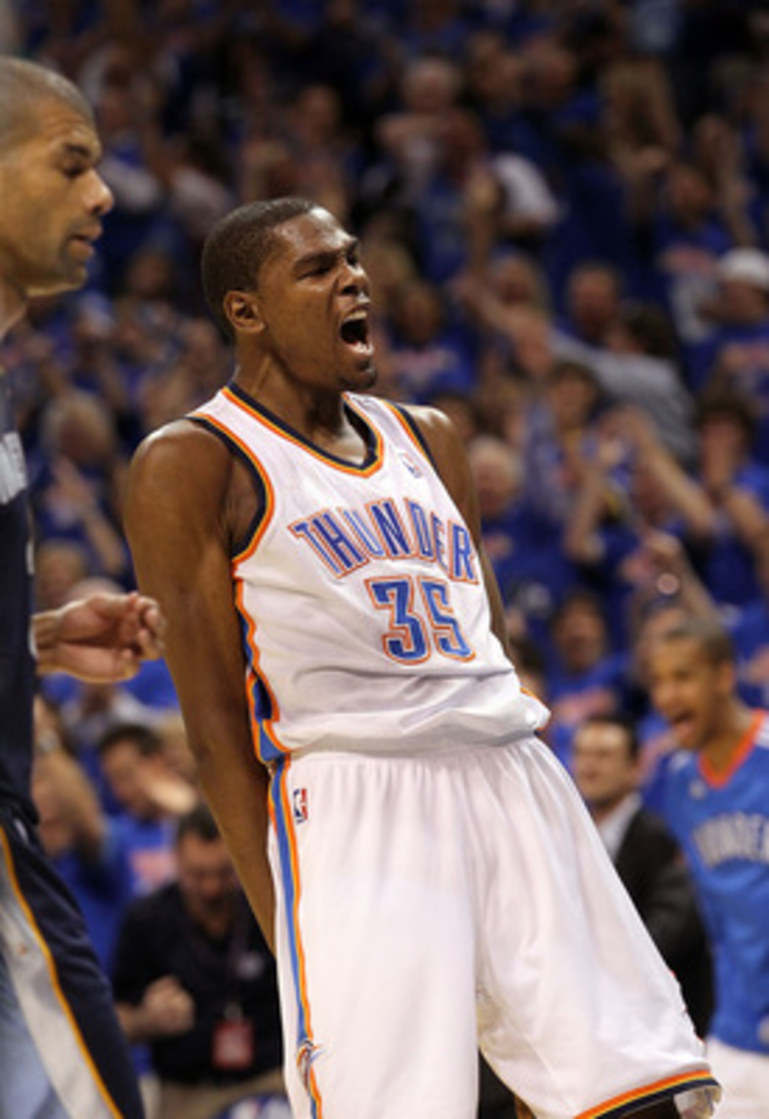 OKLAHOMA CITY, OK - MAY 15:  Forward Kevin Durant #35 of the Oklahoma City Thunder reacts against the Memphis Grizzlies in Game Seven of the Western Conference Semifinals in the 2011 NBA Playoffs on May 15, 2011 at Oklahoma City Arena in Oklahoma City, Ok