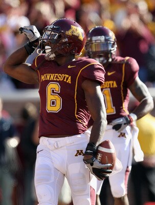 MINNEAPOLIS - SEPTEMBER 18: Da'Jon McKnight #6 of the Minnesota Golden Gophers celebrates after catching a pass for a touchdown during the game against the USC Trojans on September 18, 2010 at TCF Bank Stadium in Minneapolis, Minnesota. (Photo by Jamie MINNEAPOLIS - SEPTEMBER 18: Da'Jon McKnight #6 of the Minnesota Golden Gophers celebrates after catching a pass for a touchdown during the game against the USC Trojans on September 18, 2010 at TCF Bank Stadium in Minneapolis, Minnesota. (Photo by Jamie