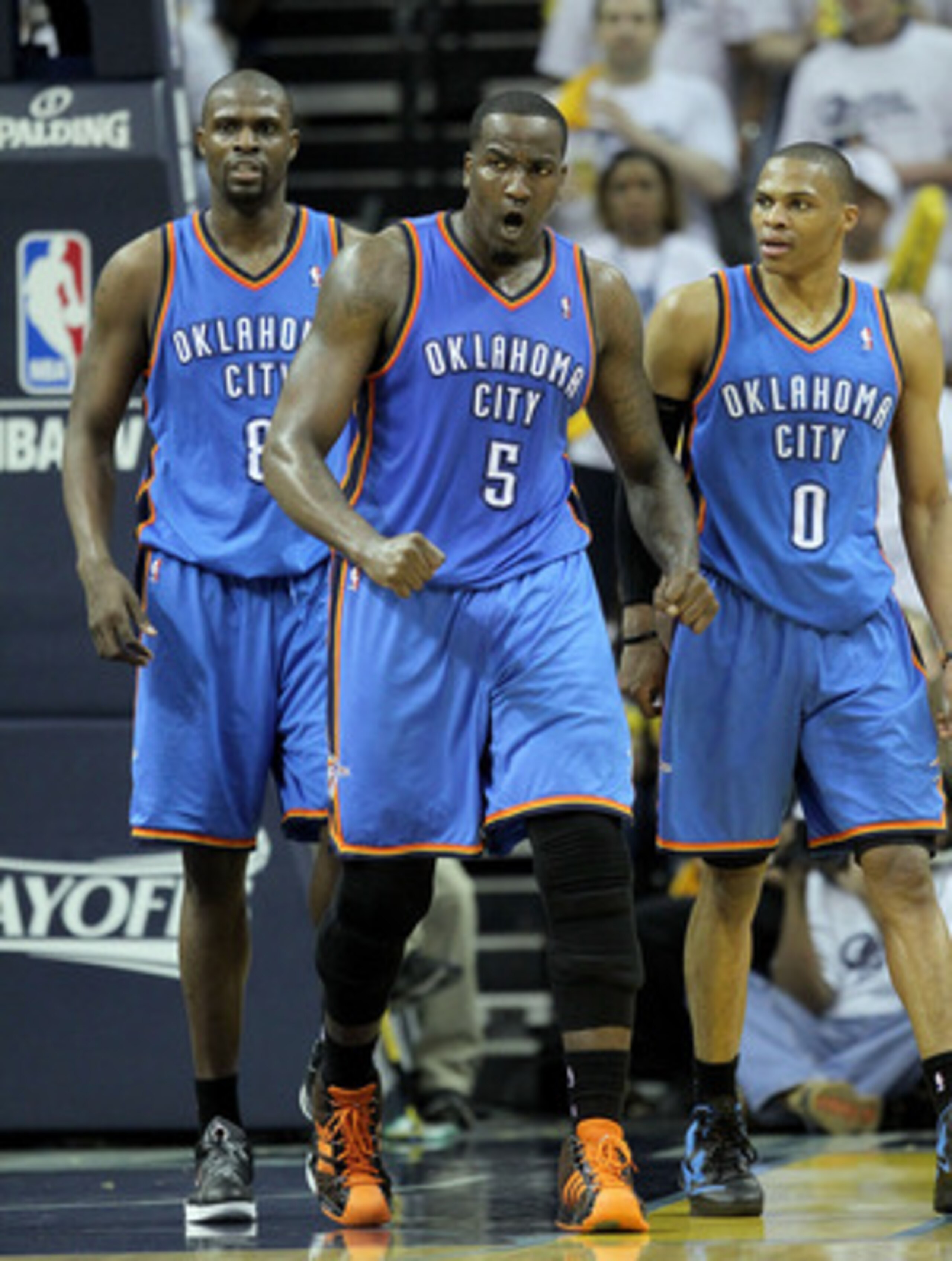 MEMPHIS, TN - MAY 09:  Kendrick Perkins #5 of the Oklahoma City Thunder celebrates during the game against the Memphis Grizzlies in Game Four of the Western Conference Semifinals in the 2011 NBA Playoffs at FedExForum on May 9, 2011 in Memphis, Tennessee.
