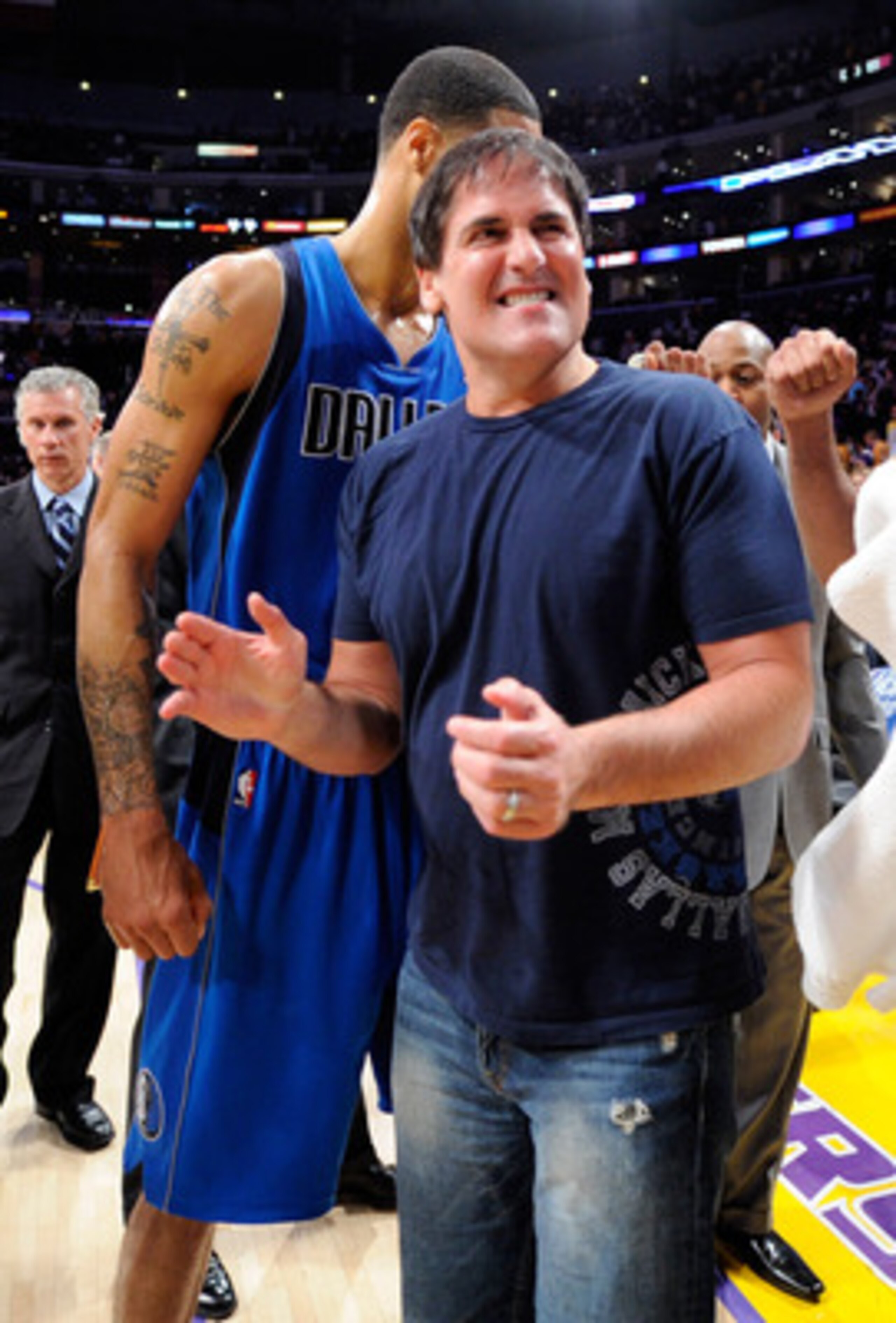 LOS ANGELES, CA - MAY 04:  Owner Mark Cuban of the Dallas Mavericks celebrates the Mavericks 93-81 victory against the Los Angeles Lakers in Game Two of the Western Conference Semifinals in the 2011 NBA Playoffs at Staples Center on May 4, 2011 in Los Ang