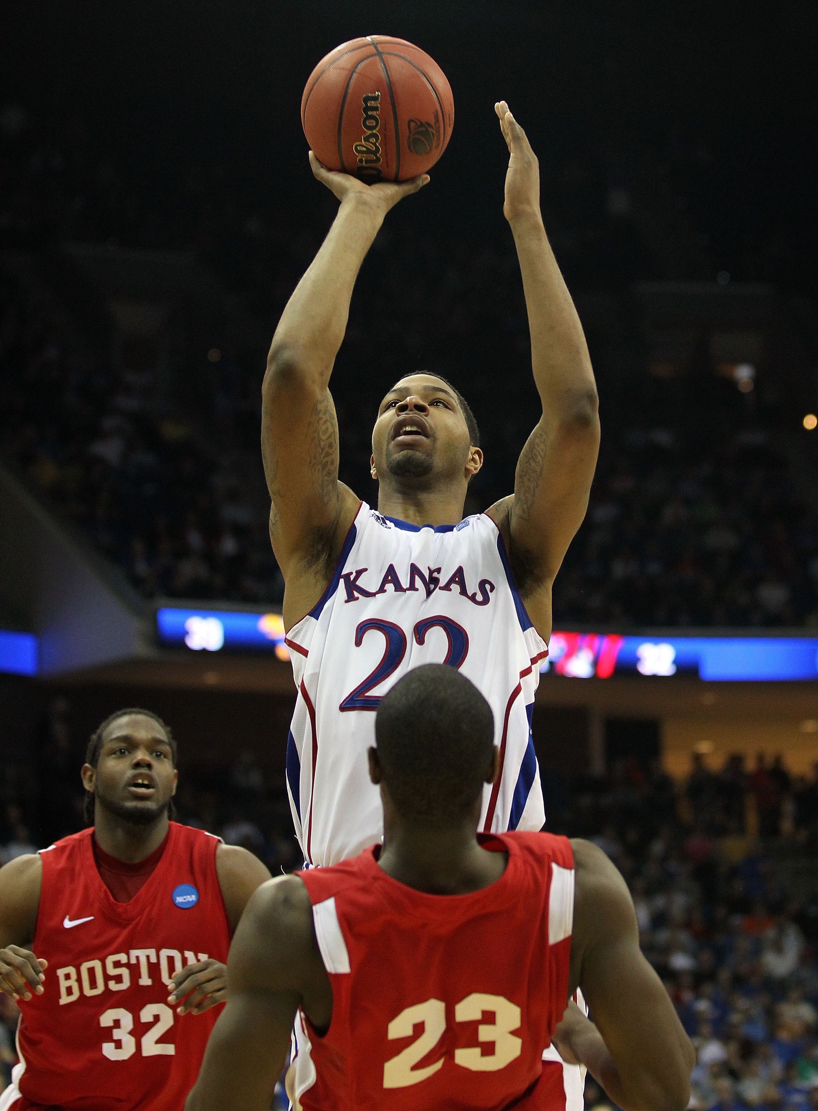 TULSA, OK - MARCH 18:  Marcus Morris #22 of the Kansas Jayhawks takes a shot against the Boston University Terriers during the second round of the 2011 NCAA men's basketball tournament at BOK Center on March 18, 2011 in Tulsa, Oklahoma.  (Photo by Ronald
