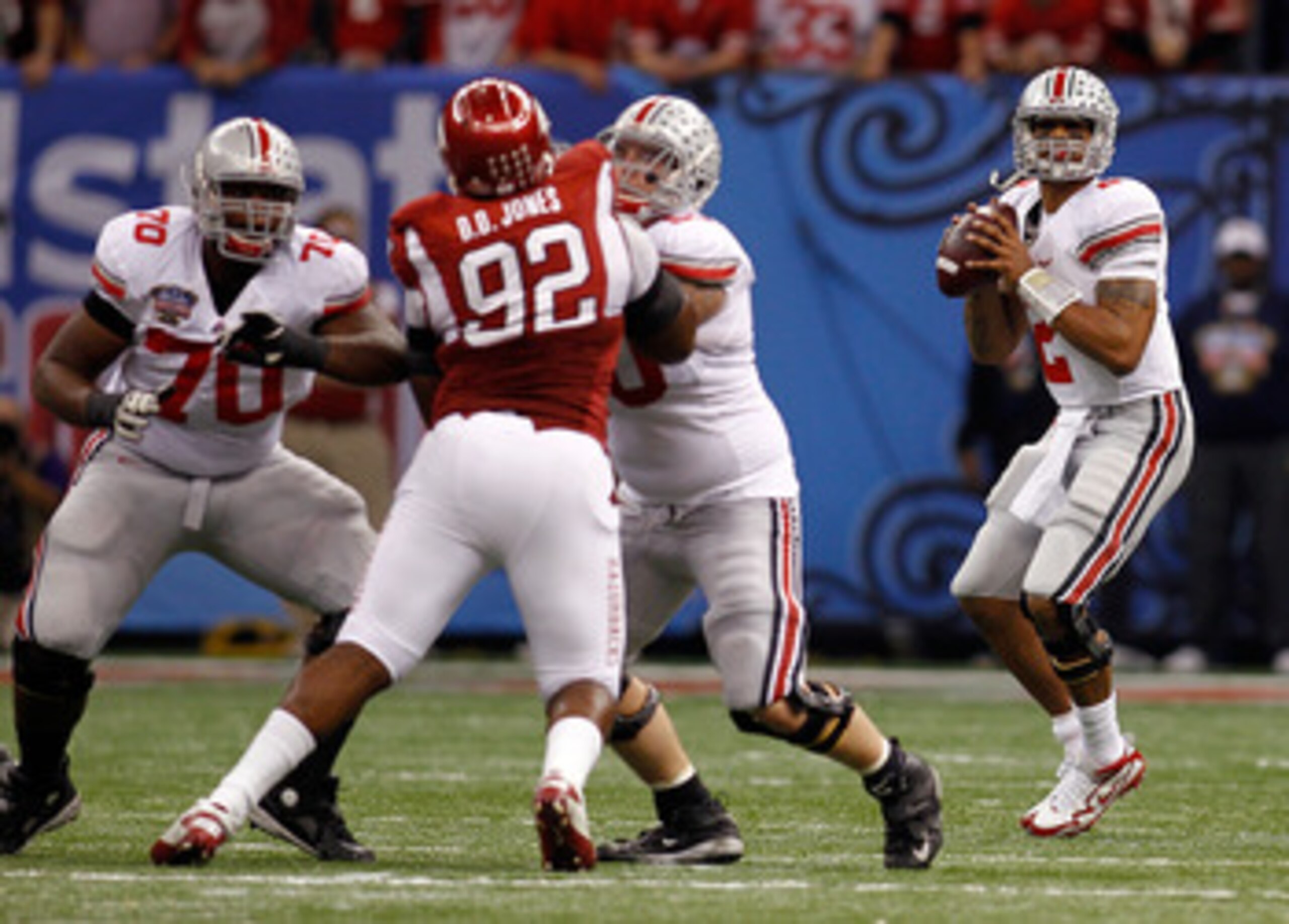 NEW ORLEANS, LA - JANUARY 04:  Quarterback Terrelle Pryor #2 of the Ohio State Buckeyes looks to pass against the Arkansas Razorbacks during the Allstate Sugar Bowl at the Louisiana Superdome on January 4, 2011 in New Orleans, Louisiana.  (Photo by Chris 