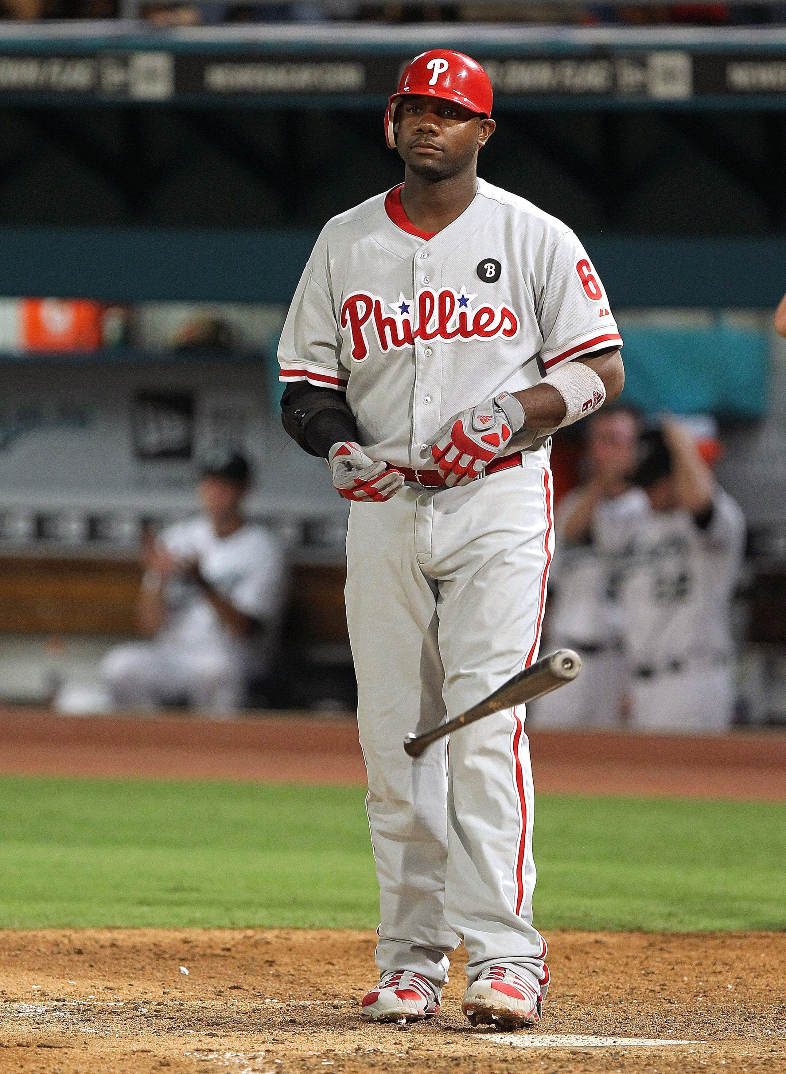MIAMI GARDENS, FL - MAY 10: Ryan Howard #6 of the Philadelphia Phillies strikes out during a game against the Florida Marlins at Sun Life Stadium on May 10, 2011 in Miami Gardens, Florida.  (Photo by Mike Ehrmann/Getty Images)