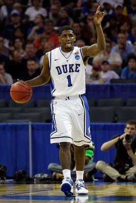 CHARLOTTE, NC - MARCH 18:  Kyrie Irving #1 of the Duke Blue Devils calls a play in the first half while taking on the Hampton Pirates during the second round of the 2011 NCAA men's basketball tournament at Time Warner Cable Arena on March 18, 2011 in Char