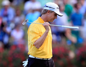PONTE VEDRA BEACH, FL - MAY 15:  David Toms reacts after missing a par putt on the first playoff hole during the final round of THE PLAYERS Championship held at THE PLAYERS Stadium course at TPC Sawgrass on May 15, 2011 in Ponte Vedra Beach, Florida.  (Ph