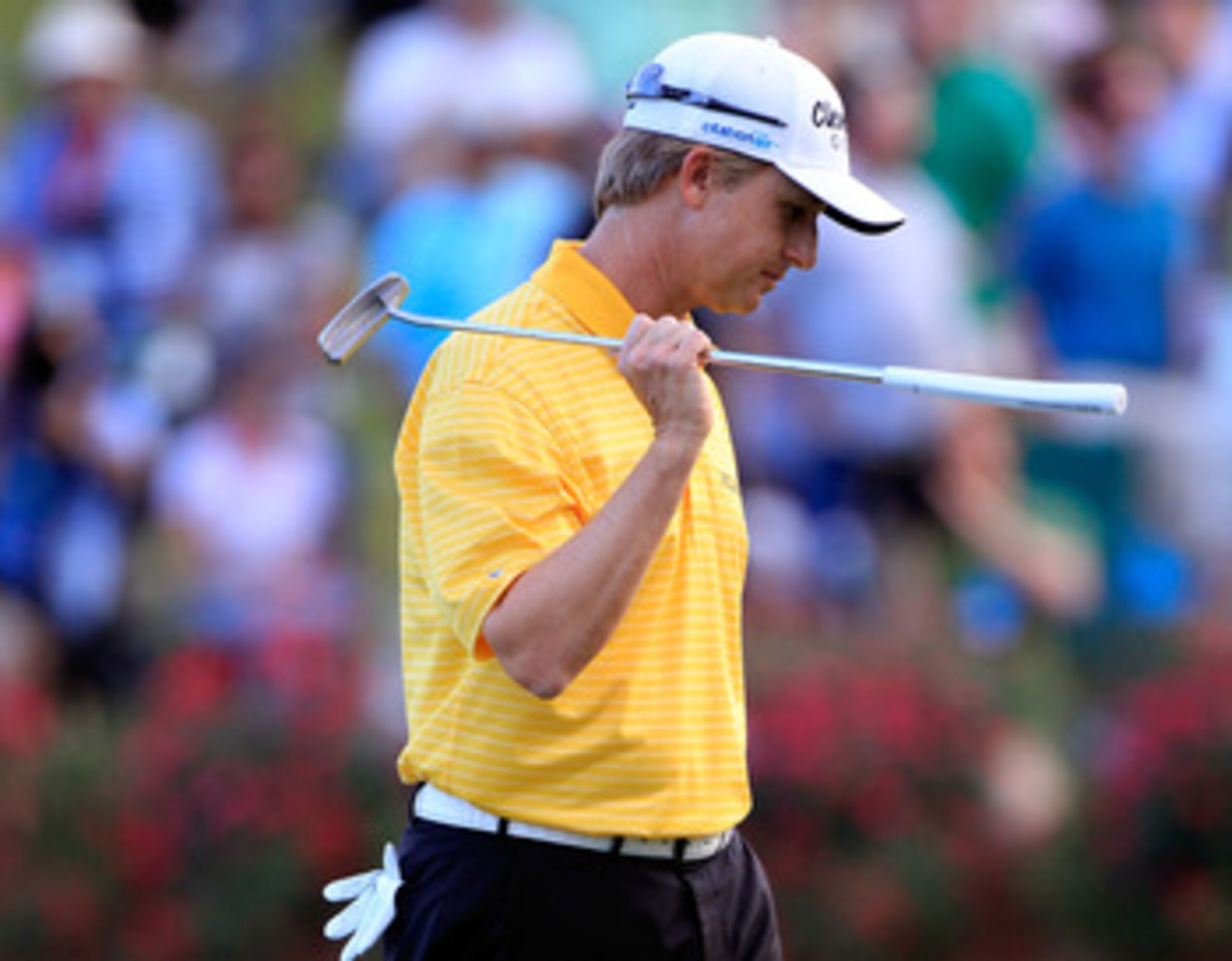 PONTE VEDRA BEACH, FL - MAY 15:  David Toms reacts after missing a par putt on the first playoff hole during the final round of THE PLAYERS Championship held at THE PLAYERS Stadium course at TPC Sawgrass on May 15, 2011 in Ponte Vedra Beach, Florida.  (Ph