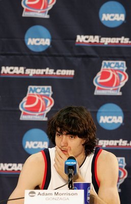 SALT LAKE CITY - MARCH 18:  Adam Morrison #3 of the Gonzaga Bulldogs listens to questions form reporters at a press conferense following Gonzaga's 90-80 win against the Indiana Hoosiers during the Second Round of the 2006 NCAA Men's Basketball Tournament
