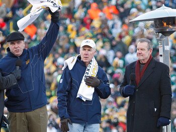 GREEN BAY, WI - FEBRUARY 08: Green Bay Packers head coach Mike McCarthy, GM Ted Thompson, and Team president Mark Murphy talk with Packer radio announcers Wayne Larrivee and Larry McCarren during the Packers victory celebration at Lambeau Field  on Februa