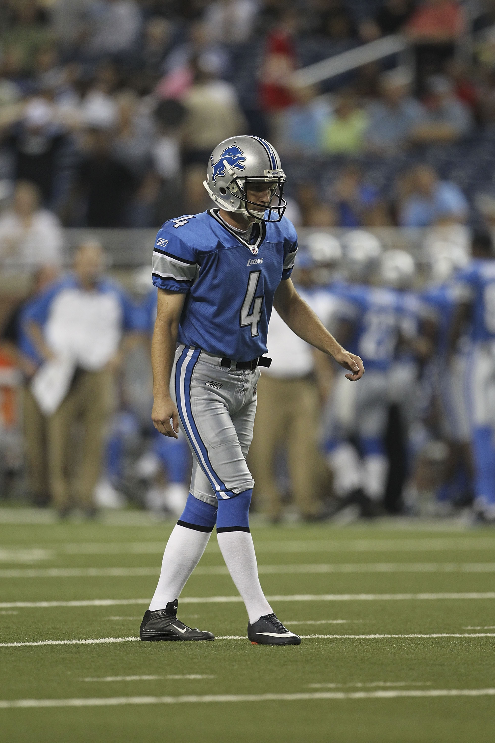 DETROIT - SEPTEMBER 02:  Jason Hanson #4 of the Detroit Lions kick the extra point during the preseason game against the Buffalo Bills at Ford Field on September 2, 2010 in Detroit, Michigan. The Lions defeated the Bills 28-23.  (Photo by Leon Halip/Getty