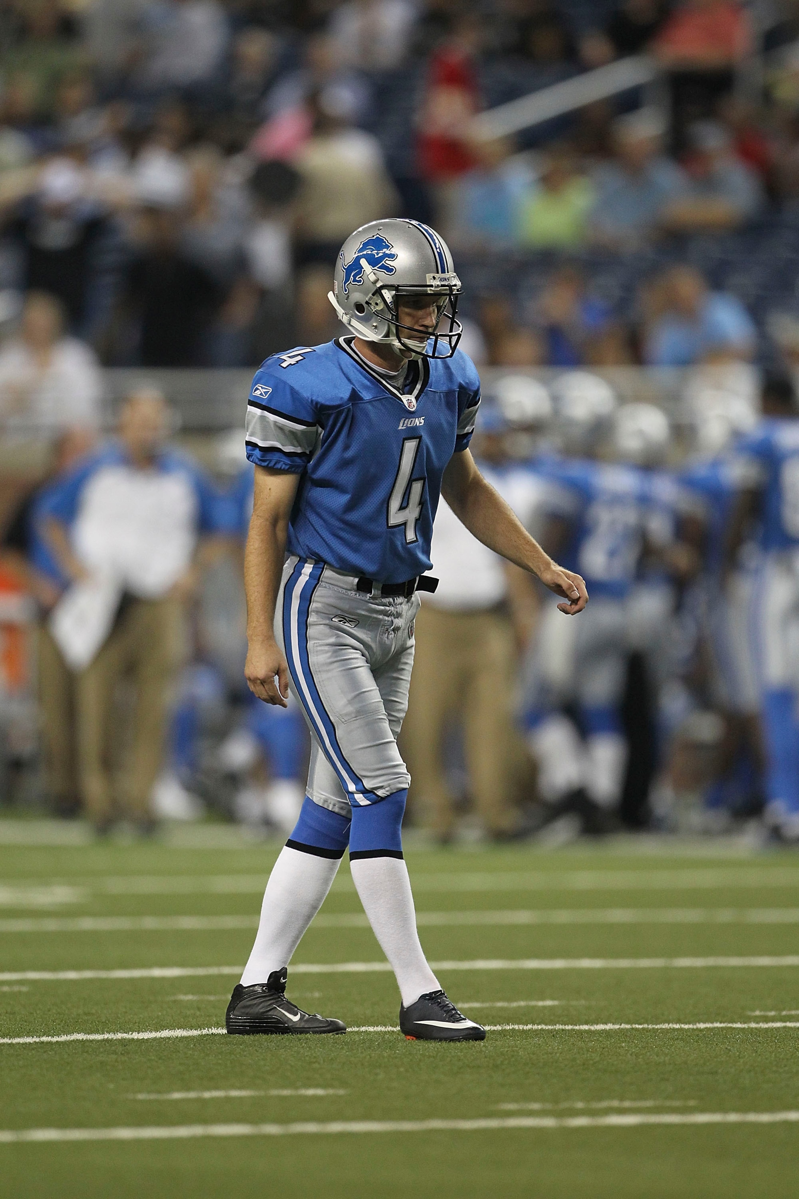DETROIT - SEPTEMBER 02:  Jason Hanson #4 of the Detroit Lions kick the extra point during the preseason game against the Buffalo Bills at Ford Field on September 2, 2010 in Detroit, Michigan. The Lions defeated the Bills 28-23.  (Photo by Leon Halip/Getty