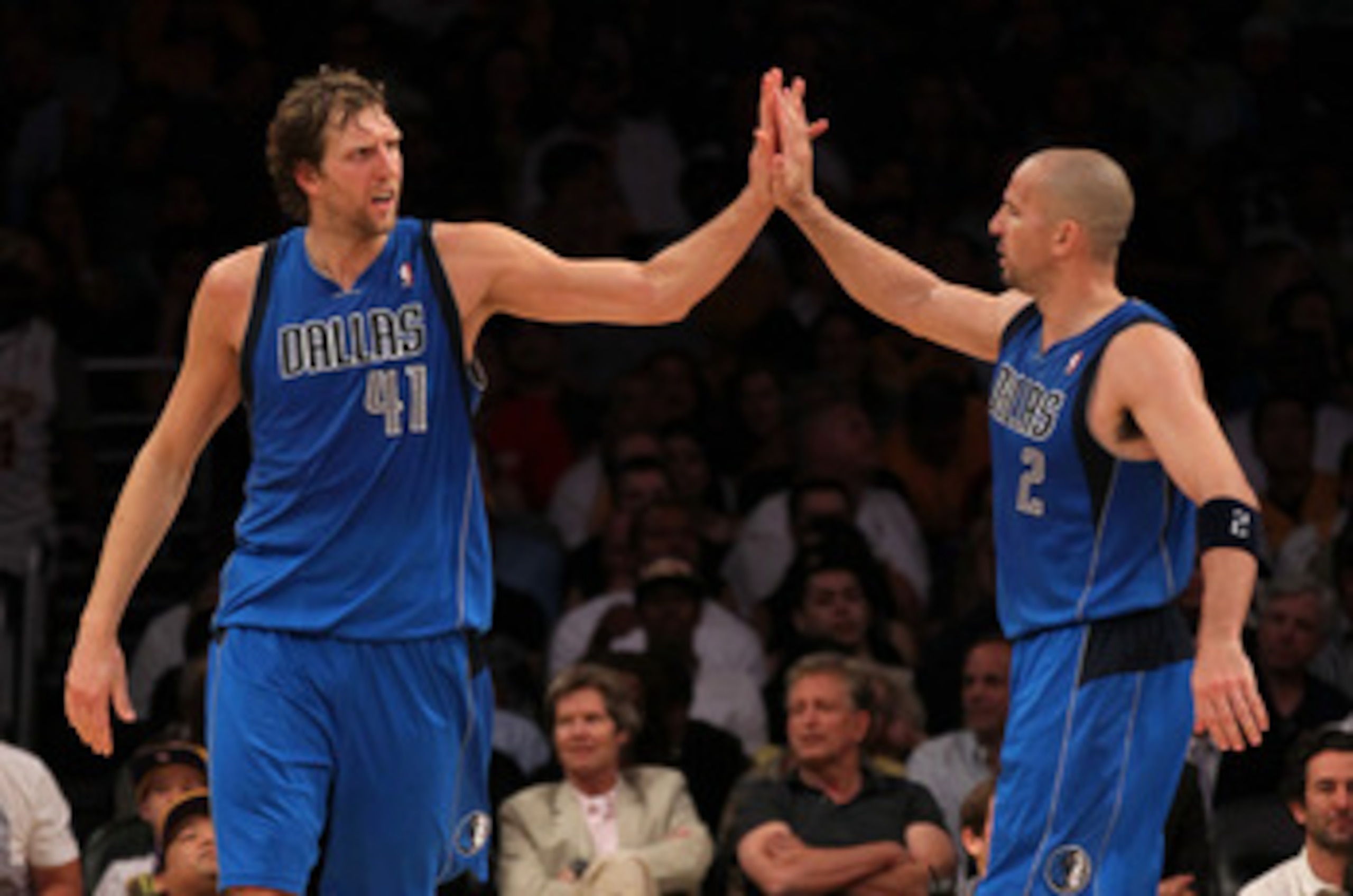 LOS ANGELES, CA - MAY 04: Dirk Nowitzki #41 and Jason Kidd #2 of the Dallas Mavericks celebrate late in the fourth quarter while taking on the Los Angeles Lakers in Game Two of the Western Conference Semifinals in the 2011 NBA Playoffs at Staples Center LOS ANGELES, CA - MAY 04: Dirk Nowitzki #41 and Jason Kidd #2 of the Dallas Mavericks celebrate late in the fourth quarter while taking on the Los Angeles Lakers in Game Two of the Western Conference Semifinals in the 2011 NBA Playoffs at Staples Center