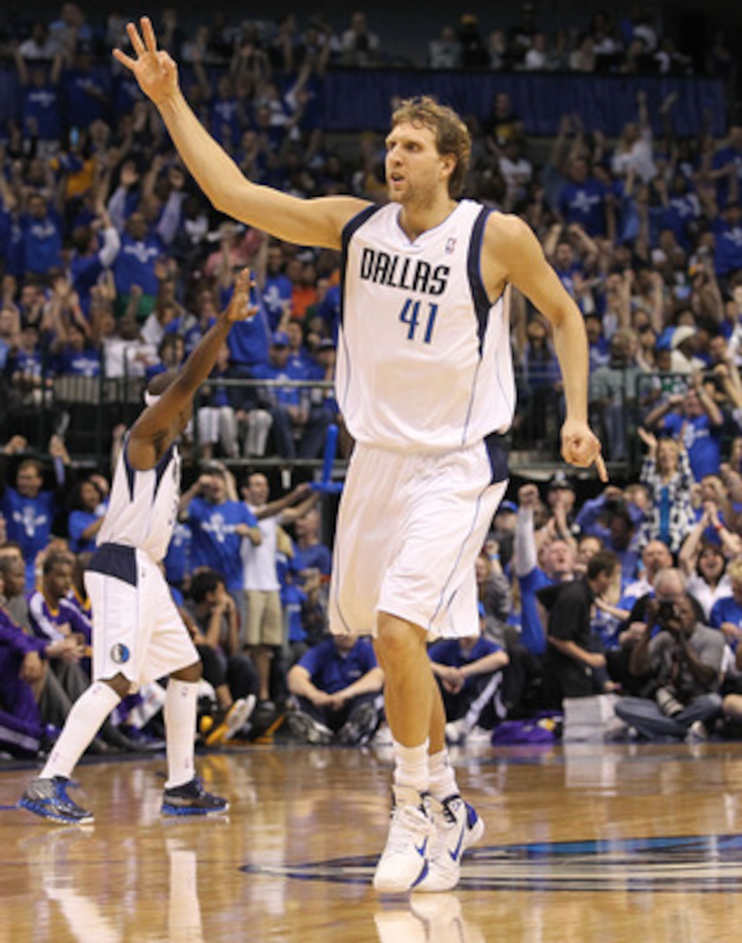DALLAS, TX - MAY 06: Forward Dirk Nowitzki #41 of the Dallas Mavericks reacts after making a three-point shot against the Los Angeles Lakers in Game Three of the Western Conference Semifinals during the 2011 NBA Playoffs on May 6, 2011 at American Airlin DALLAS, TX - MAY 06: Forward Dirk Nowitzki #41 of the Dallas Mavericks reacts after making a three-point shot against the Los Angeles Lakers in Game Three of the Western Conference Semifinals during the 2011 NBA Playoffs on May 6, 2011 at American Airlin
