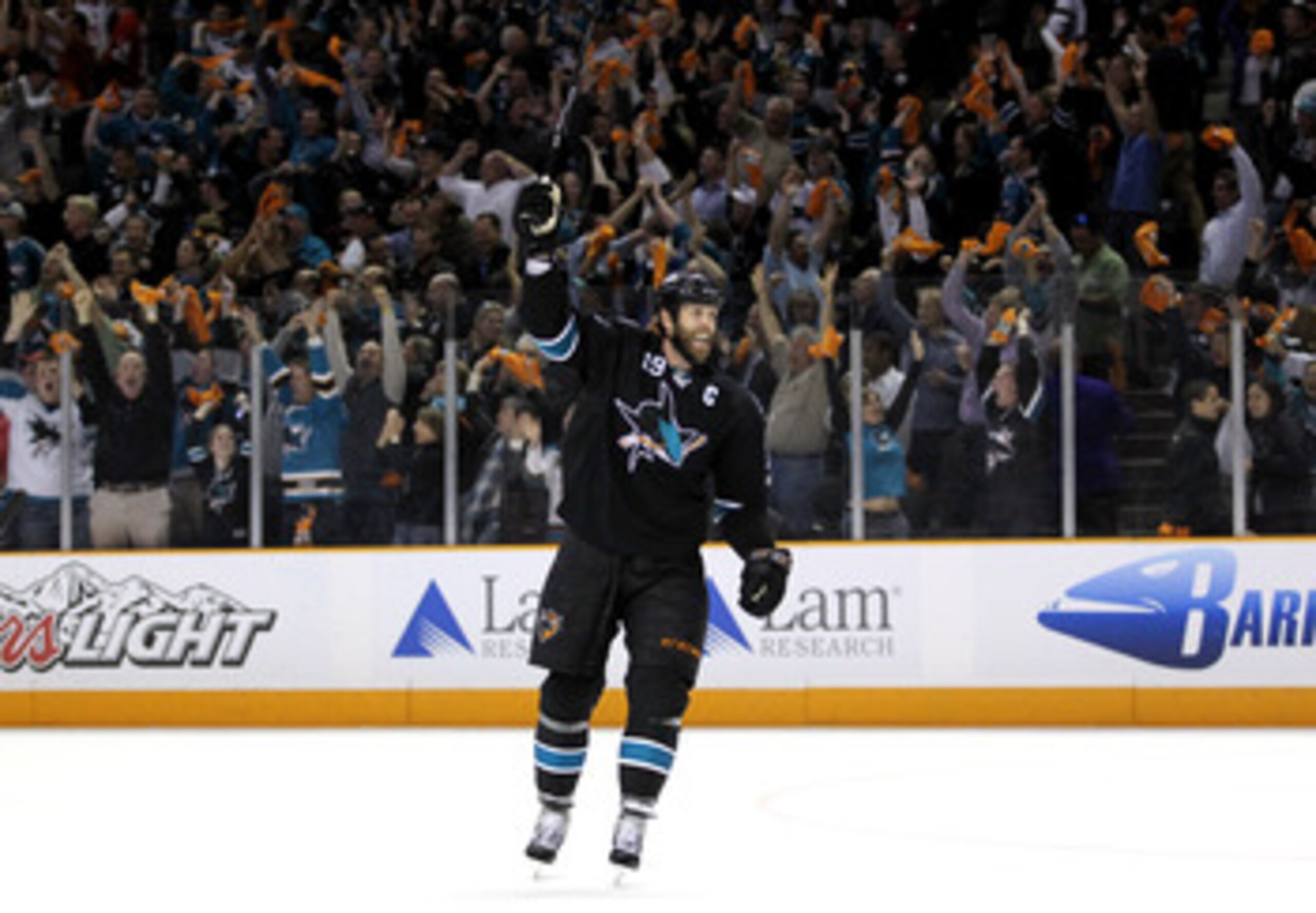 SAN JOSE, CA - MAY 12: Joe Thornton #19 of the San Jose Sharks celebrates after they beat the Detroit Red Wings in Game Seven of the Western Conference Semifinals during the 2011 NHL Stanley Cup Playoffs at HP Pavilion on May 12, 2011 in San Jose, Califo SAN JOSE, CA - MAY 12: Joe Thornton #19 of the San Jose Sharks celebrates after they beat the Detroit Red Wings in Game Seven of the Western Conference Semifinals during the 2011 NHL Stanley Cup Playoffs at HP Pavilion on May 12, 2011 in San Jose, Califo
