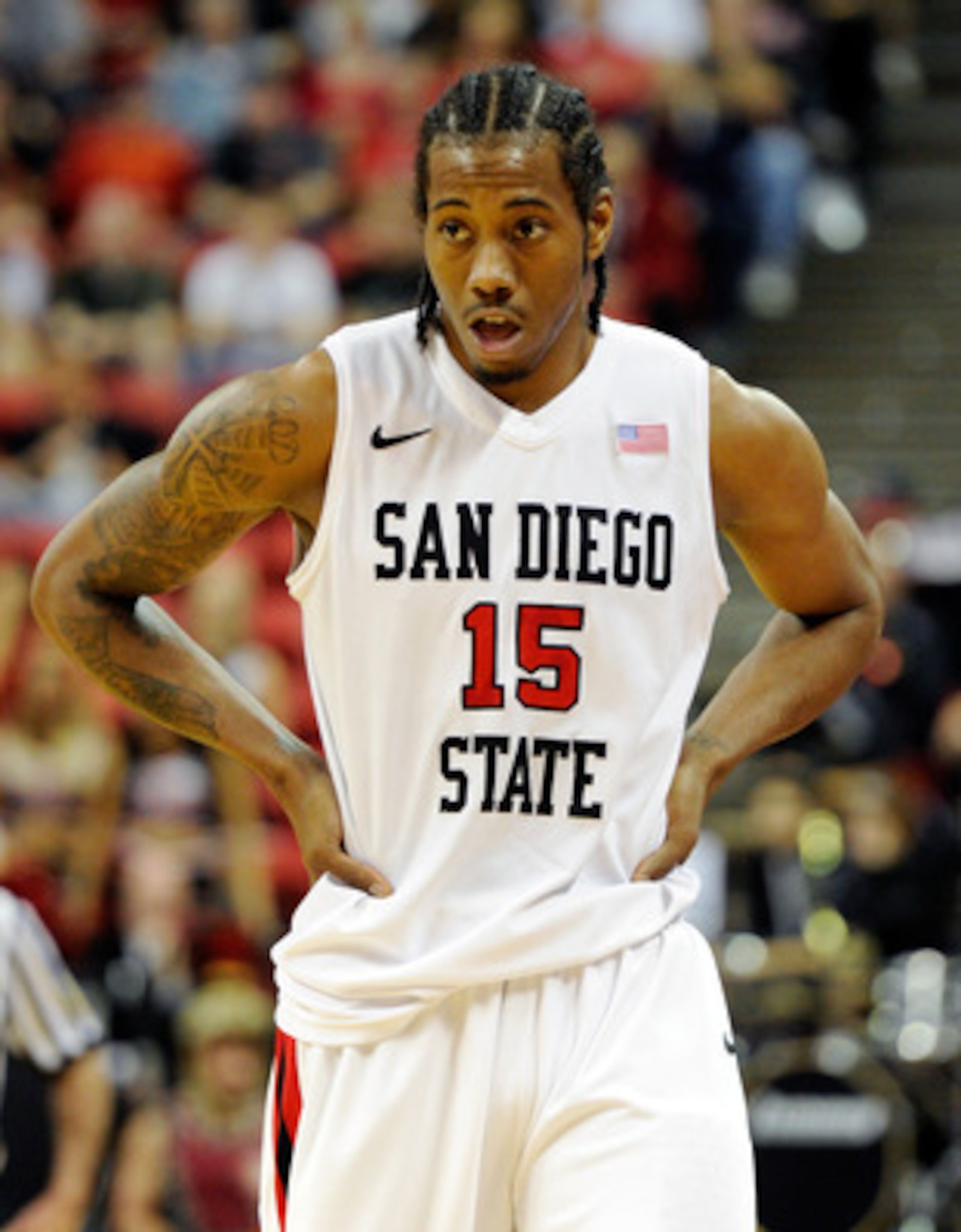 LAS VEGAS, NV - MARCH 10:  Kawhi Leonard #15 of the San Diego State Aztecs appears on the court during a quarterfinal game of the Conoco Mountain West Conference Basketball tournament against the Utah Utes at the Thomas & Mack Center March 10, 2011 in Las