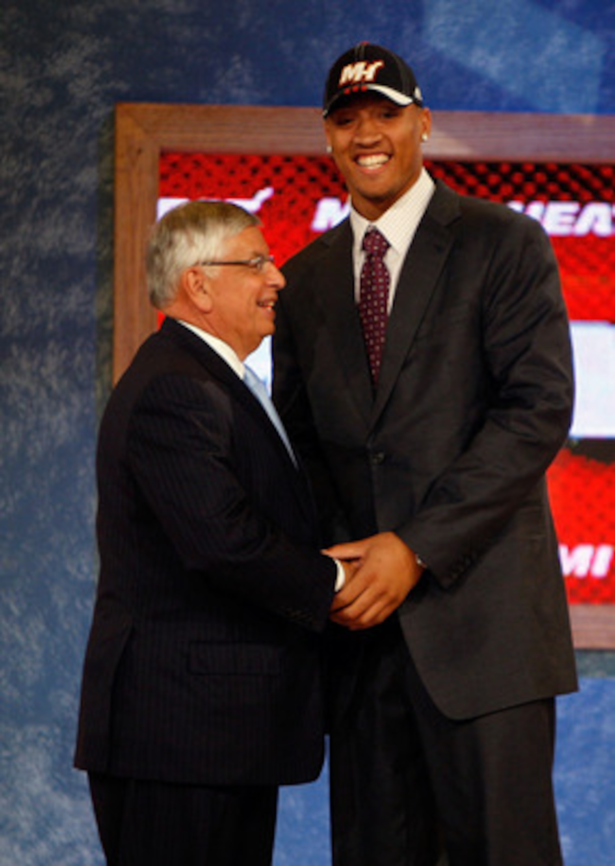 NEW YORK - JUNE 26:  NBA Commissioner David Stern shakes hands with number two draft pick for the Miami Heat, Michael Beasley during the 2008 NBA Draft at the Wamu Theatre at Madison Square Garden June 26, 2008 in New York City. NOTE TO USER: User express